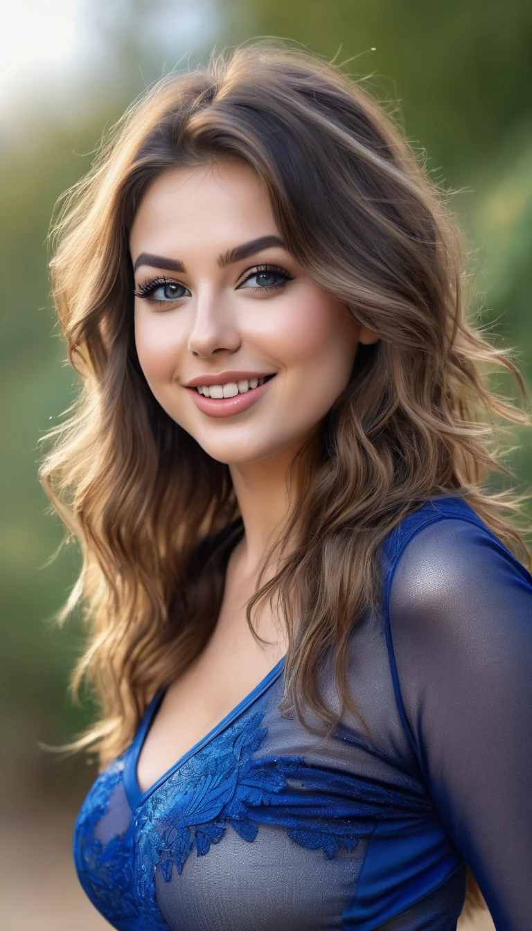 ultrarealistic high quality upperbody photo of a beautiful busty european 25-year-old woman with cute hyperdetailed shy happy face and long brunette messy hair and long legs, realistic round hazel eyes, natural lips, decent makeup with eyeliner, wearing blue cropped spandex longsleeve mesh top and black trumpet pants, hourglass body, outdoor photograpy dancing