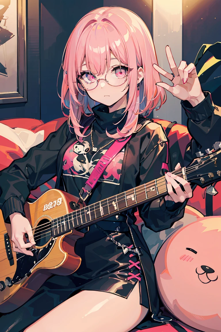 ((1 Girl)), punk, Dark circles in the eyes, Untidy face, peace sign, metal rock, sit, guitar, Cowboy Shot,((Very detailed,Highest quality, High resolution, fell, Sloppy, Lazy and slothful,Indifference, 8k wallpaper, Beautiful clothes,)),((Shortcuts,Diagonal bangs, Pink Hair,Round Glasses)), Sharp eyes, eye shadow, eyeliner,Glowing Eyes, Very detailedな目, Beautiful Eyes, ((Shining Eyes)), 18-year-old girl,Five Fingers