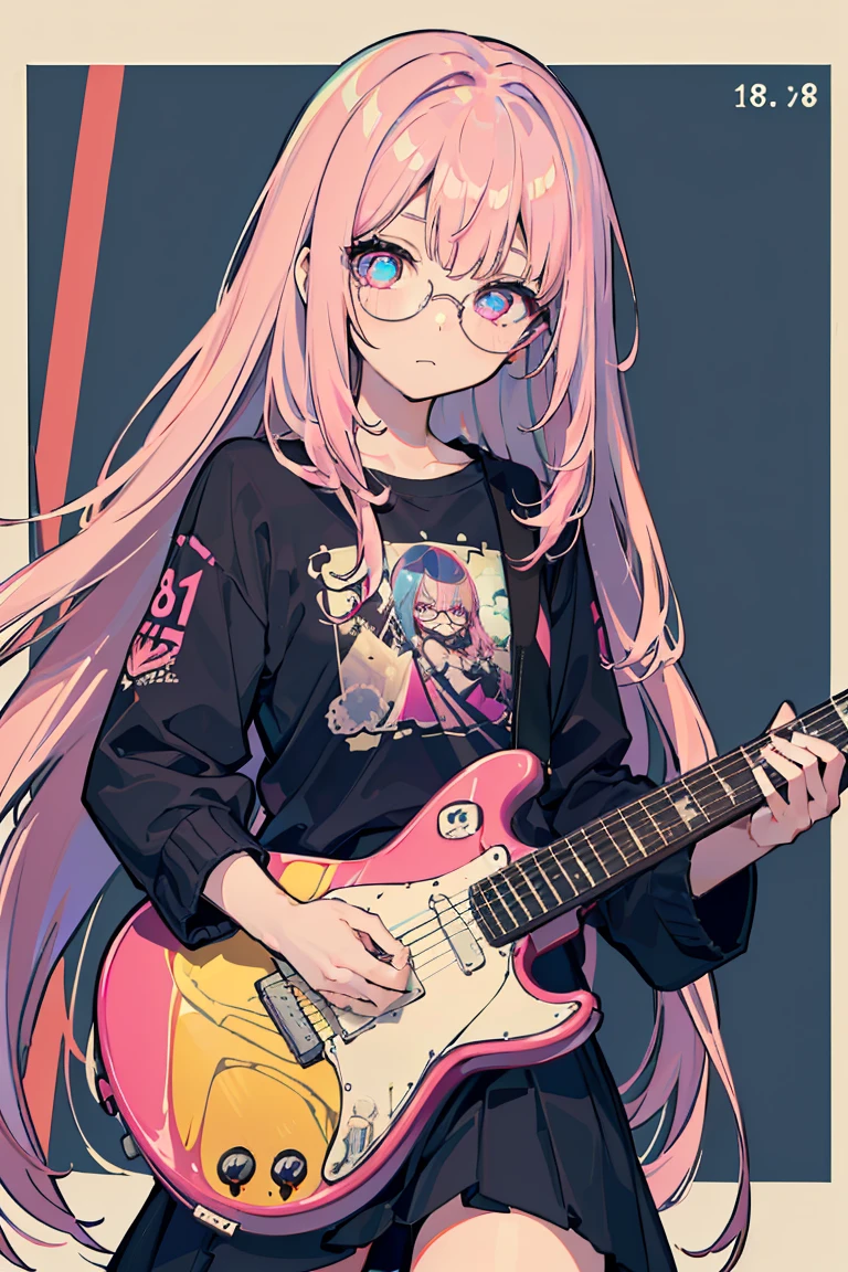 ((1 Girl)), punk, Dark circles in the eyes, Untidy face, peace sign, metal rock, sit, guitar, Cowboy Shot,((Very detailed,Highest quality, High resolution, fell, Sloppy, Lazy and slothful,Indifference, 8k wallpaper, Beautiful clothes,)),((Shortcuts,Diagonal bangs, Pink Hair,Round Glasses)), Sharp eyes, eye shadow, eyeliner,Glowing Eyes, Very detailedな目, Beautiful Eyes, ((Shining Eyes)), 18-year-old girl,Five Fingers