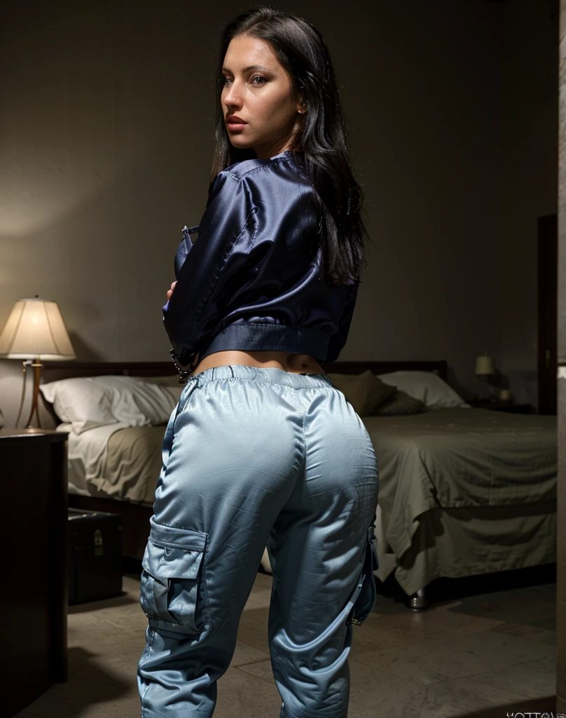 (realistic, photorealistic), cinematic photo ,realistic, (a woman wearing loungewear and  Cargo Satin pants: Pants with multiple pockets, often inspired by military wear.), NikkyRiderQuiron woman, . 35mm photograph, film, bokeh, professional, 4k, highly detailed,  (high quality skin), (high detailed face skin), (realistic iris), (realistic pupils), (skin pores), (skin imperfections:0.27),sexy Ass 