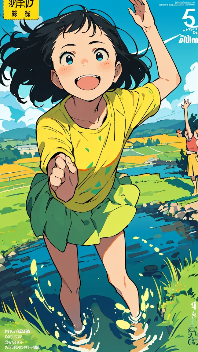 Reasonable design, Clear lines, High Sharpness, (Highest quality,4K,Perfect sharpness,Ultra-fine,High resolution,masterpiece:1.2), Perfect Anatomy:1.5, Official Art, Illustrations that tell a story, (Whitish background:0. 9）、Body Positivity、Diverse physical expressions、（(Random and energetic poses)）、Perfect beauty、Perfect beautiful face、(Strong winds)、Rich expressiveness、Dynamic configuration、smile、Golden ratio composition、colorful、（(Different angles and perspectives))、Anime Drawing Skirt、（Overcoming stereotypes）、 Glowing Skin、（Natural Beauty）、bangs、Straight hair、（Soft and flowing hair）、（countryside）、（Nostalgic atmosphere）、Put it on your feet、（Playful and easygoing）、（diverse characters）、（Graceful posture）、（Sunny atmosphere）、（Bright colors）、Inserted up to the thighs、Skirt fluttering in the wind、Angle from above、Cheerful girl、Fashion magazine cover、