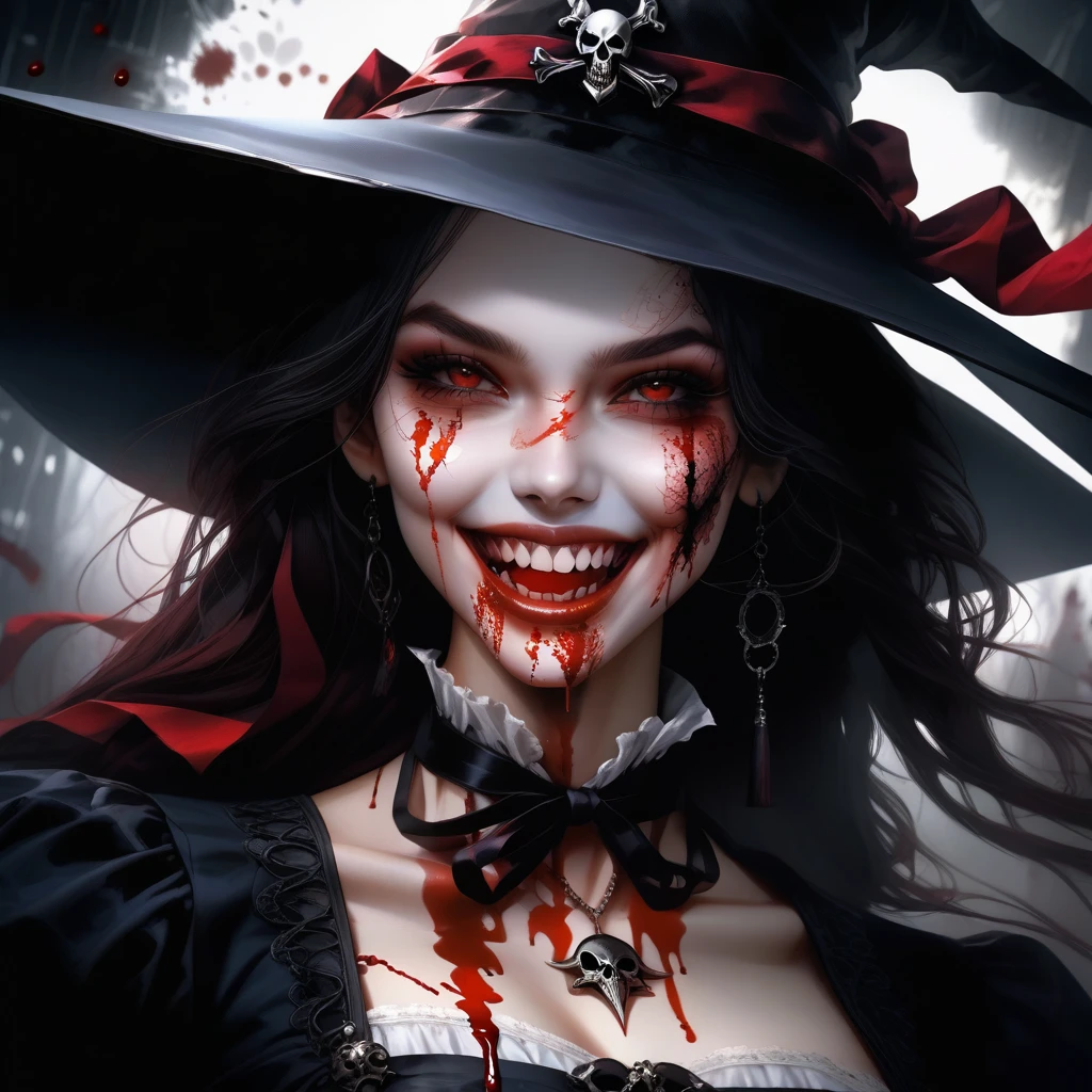 (8K, RAW Photos, Highest quality, masterpiece:1.2),(Realistic, photo-Realistic),Photo Background,Face-only photo,Draw only the face,Look up,Face shot,Scythe Face,Girl Monster, slave,beautiful, Detailed portrait, Delicate facial features, Sharp Eye, Sharp Fangs, Pale skin, Thick chain, Dark Background, Cinema Lighting, Dramatic Shadows, Gothic style, Gloomy atmosphere, Dark fantasy, One Girl, , Please open your mouth wide, Open your mouth and baring your teeth,Sharp teeth like a beast, Wide lips, very wide mouth, Vermilion cheeks, ,(Blood splatter:1.6),Scary face, Laughter　Witch design, Twisted smile、Bloodstained、bleeding from the head,,、Blood splatter、,(Blood splatter:1.6),Crossbones, skull,　, Horror Style,