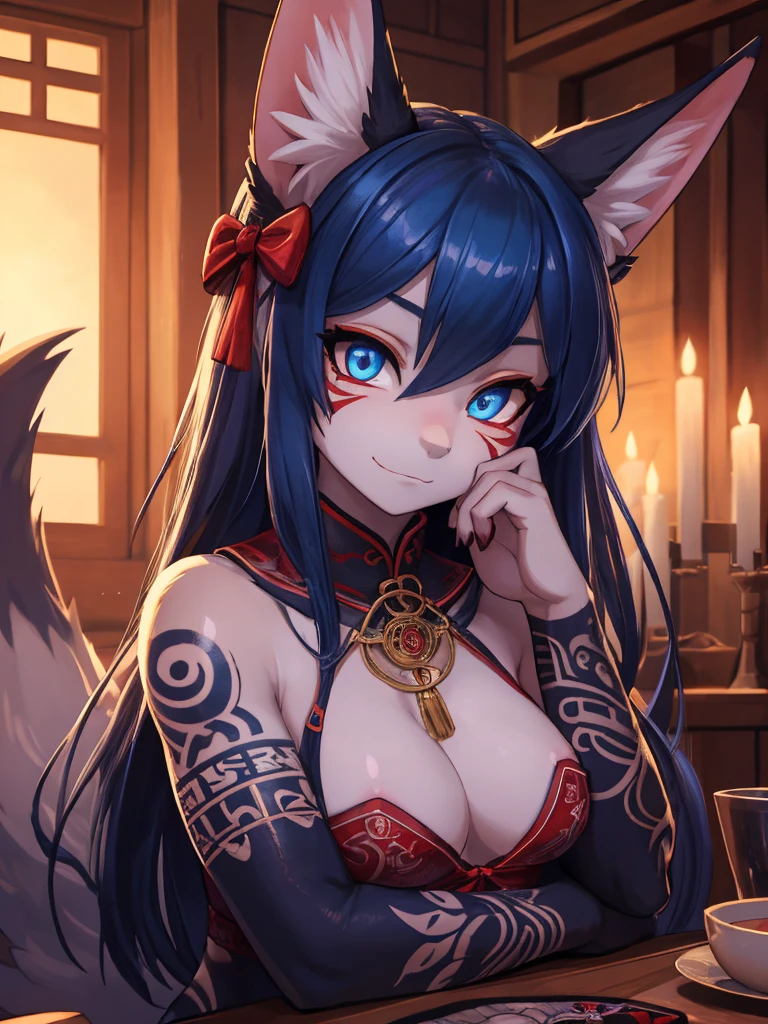 the best definition,(1 ) High Definition, kitsune ears, tribal tattoo, flirtatious girl, Small breasts add_detail, magician girl add_detail, sensual pose, horny girl, expression of sarcasm puts his hands to his face with an expression of mischief add_detail, detailed pupils, deep blue color add_detail:1