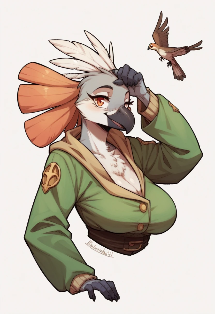 female anthropomorphic bird, Breasts covered and sfw. full body, white background. plays bagpipes. kopf von einem Robin, bird head, SCHNABEL, Robin. portrait