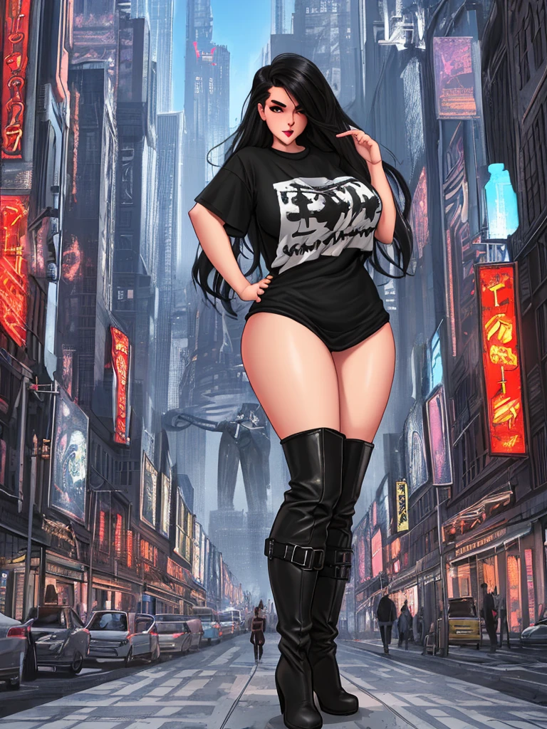 Size fetish、The background is the city、A giant girl in the city、Long legs、Sexy figure、The building is shorter than her.、Wearing long boots、Oversized T-shirt、Erotic、