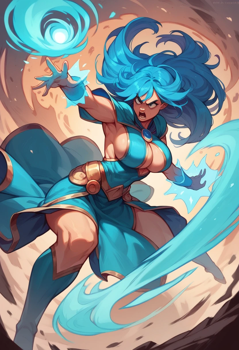 Girl, big boob , blue hair, long hair,straight hair,aqua magic girl, fight, white backgorund