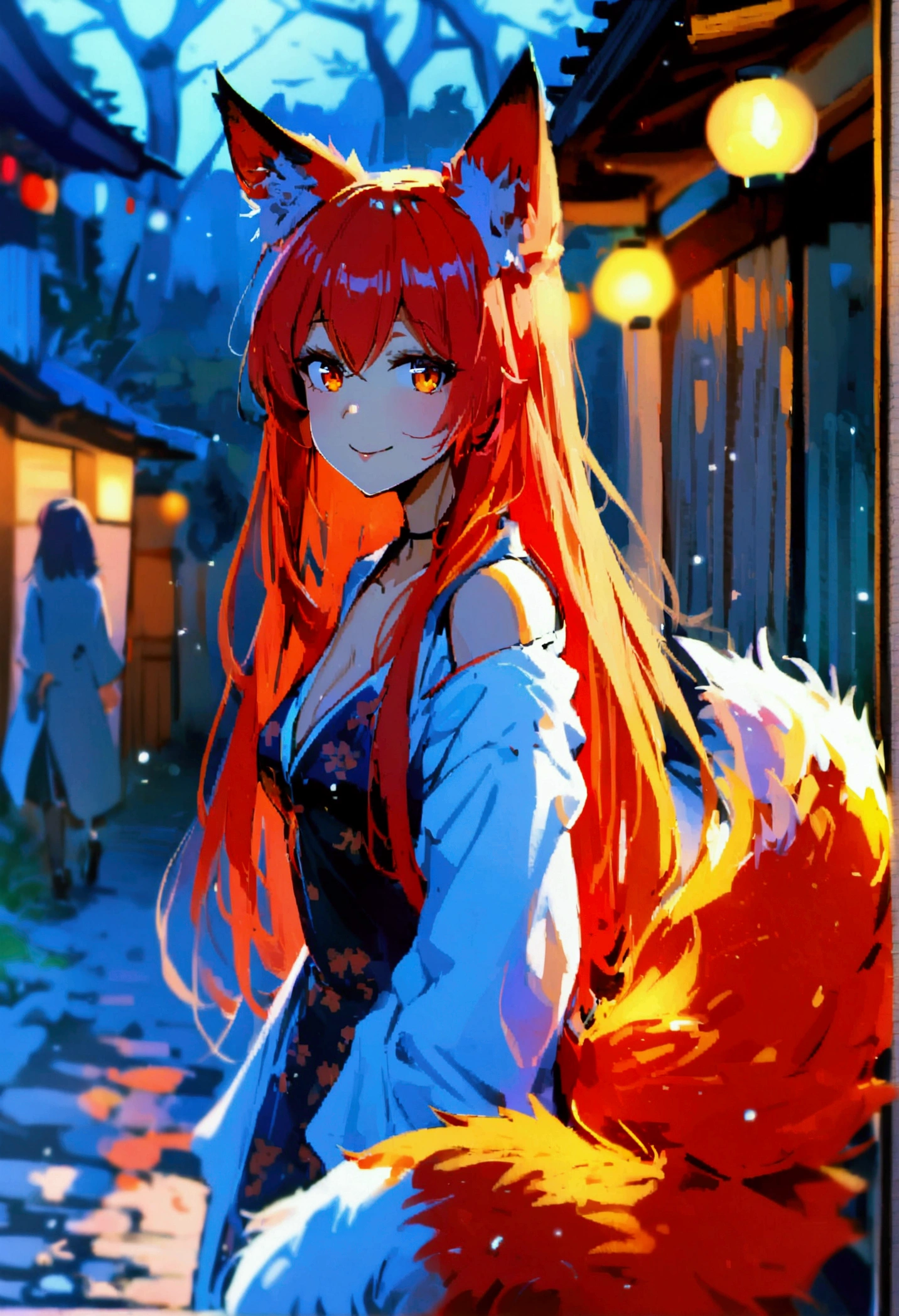 1girl with long ((!red hair))), amber eyes, fox ears, slender body, ,fox tail, outdoors, Japanese house, night, smile, walking to camera, POV