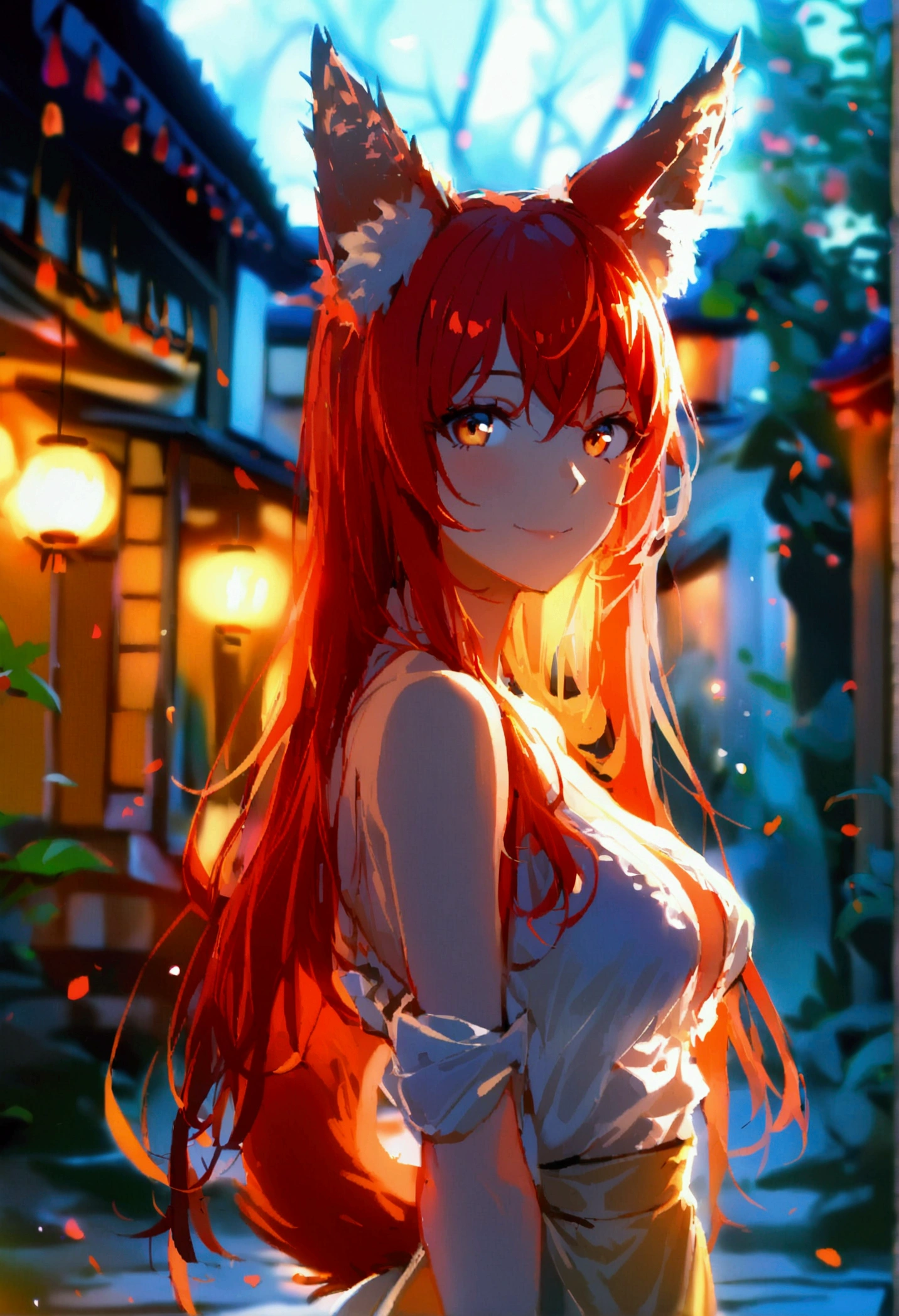 1girl with long ((!red hair))), amber eyes, fox ears, slender body, ,fox tail, outdoors, Japanese house, night, smile, walking to camera, POV