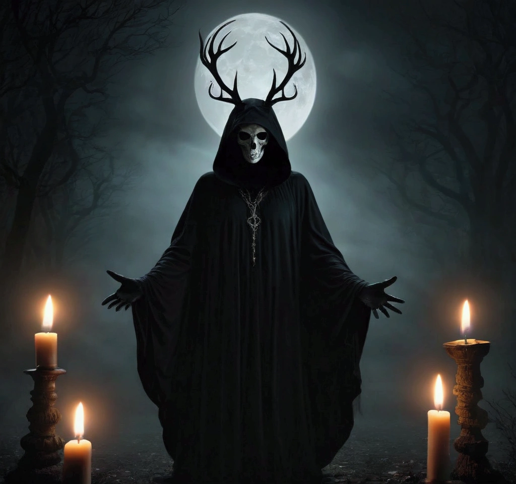 (best quality,4k,8k,highres,masterpiece:1.2),ultra-detailed,(realistic,photorealistic,photo-realistic:1.37),horror,dark,occult,gloomy,color scheme,night time,shadowy,gloomy,ominous atmosphere,A person wearing a deer skull on their head,black robe,candle,burning, flickering light,satanic alter,creepy,dark magic,vivid colors,surrealistic,moonlight,shadows dancing,haunting,spooky aesthetic,ethereal,mysterious figure,ancient ritual,demonic presence,foreboding,menacing,macabre,occult symbols,cryptic writings,mystical,misty atmosphere,pale moonlight,gothic elements,ominous shadows,ghostly,ominous candles,whispering shadows,foreboding darkness,spellbinding,unearthly,unsettling energy,thick darkness,enchanted scenery,total darkness,forbidden rituals,lit by the candlelight,supernatural energies,esoteric knowledge,nightmare-like,hauntingly beautiful,cloaked figure,hooded,mesmerizing,hidden secrets,esoteric meanings,confounding,encrypting,key to the unknown,nightmarish,dark aura,unveiling the shadowy truth,strange and otherworldly,dark glamour,peculiar and eerie ambiance,sinister figure,silent,grim,ancient mysticism,otherworldly presence,ominous atmosphere,casting eerie shadows,dark enchantments,diabolical,cloaked in darkness.