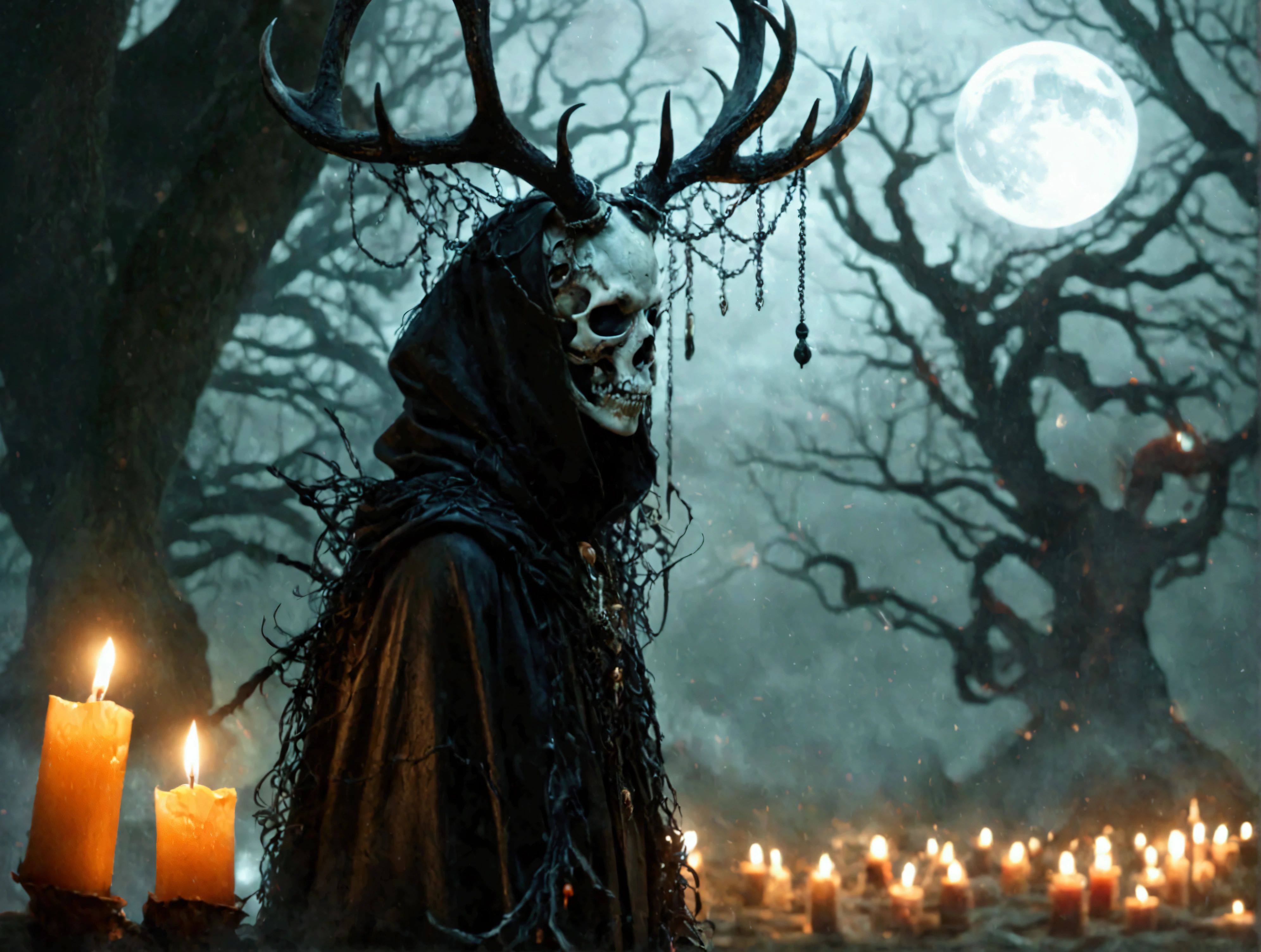 (best quality,4k,8k,highres,masterpiece:1.2),ultra-detailed,(realistic,photorealistic,photo-realistic:1.37),horror,dark,occult,gloomy,color scheme,night time,shadowy,gloomy,ominous atmosphere,A person wearing a deer skull on their head,black robe,candle,burning, flickering light,satanic alter,creepy,dark magic,vivid colors,surrealistic,moonlight,shadows dancing,haunting,spooky aesthetic,ethereal,mysterious figure,ancient ritual,demonic presence,foreboding,menacing,macabre,occult symbols,cryptic writings,mystical,misty atmosphere,pale moonlight,gothic elements,ominous shadows,ghostly,ominous candles,whispering shadows,foreboding darkness,spellbinding,unearthly,unsettling energy,thick darkness,enchanted scenery,total darkness,forbidden rituals,lit by the candlelight,supernatural energies,esoteric knowledge,nightmare-like,hauntingly beautiful,cloaked figure,hooded,mesmerizing,hidden secrets,esoteric meanings,confounding,encrypting,key to the unknown,nightmarish,dark aura,unveiling the shadowy truth,strange and otherworldly,dark glamour,peculiar and eerie ambiance,sinister figure,silent,grim,ancient mysticism,otherworldly presence,ominous atmosphere,casting eerie shadows,dark enchantments,diabolical,cloaked in darkness.