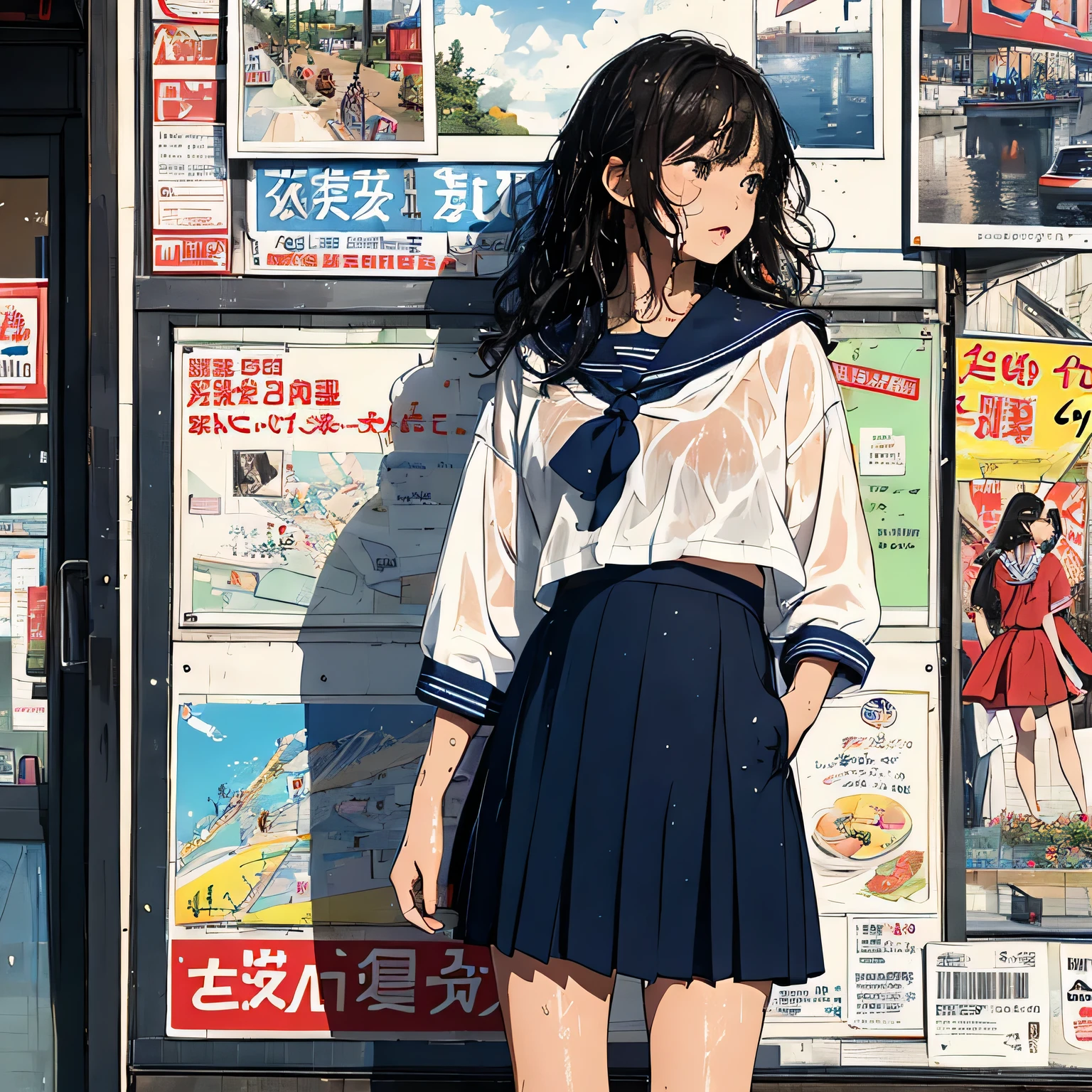 (Highest quality:1.4), 32k resolution, (Realistic:1.5), (超Realistic:1.5), High resolution UHD, (masterpiece:1.2)), (Improvement of quality:1.4), (Very beautiful facial details), master painting, Optimal quality, Rain, (On the city streets:1.21), (In front of a shop window:1.21), Summer Uniforms, ((school sailor uniform, serafuku:1.37)), ((Navy Mini Skirt:1.21)), Red ribbon, (wet Skin, wet clothes, wet Hair:1.5), Japanese women, 17 year old supermodel, skinny body, Very depressive, Brown Hair, (Natural Wave Hair:1.21), look up, profile, above the knee shot, Sailor suit, Flat Chest, Cute Japanese, posters, 1980s, Magazine covers, shape, Abstract, advertisement,movie 映画のposters, Vintage,retro, Everyday,アニメ, The ultimate map, Perfect rainbow, highlight, Zebra pattern light and shadow, Very detailed目, Very detailed, A wide variety of facial expressions,