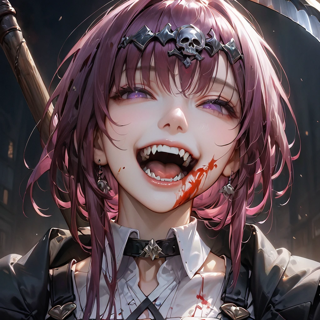 (8K, RAW Photos, Highest quality, masterpiece:1.2),(Realistic, photo-Realistic),Photo Background,Face-only photo,Draw only the face,Look up,Face shot,Scythe Face,Girl Monster, slave,beautiful, Detailed portrait, Delicate facial features, Sharp Eye, Sharp Fangs, Pale skin, Thick chain, Dark Background, Cinema Lighting, Dramatic Shadows, Gothic style, Gloomy atmosphere, Dark fantasy, One Girl, , Please open your mouth wide, Open your mouth and baring your teeth,Sharp teeth like a beast, Wide lips, very wide mouth, Vermilion cheeks, ,(Blood splatter:1.6),Scary face, Laughter Witch design, Twisted smile、Bloodstained、bleeding from the head,,、Blood splatter、,(Blood splatter:1.6),Crossbones, skull, , Horror Style,