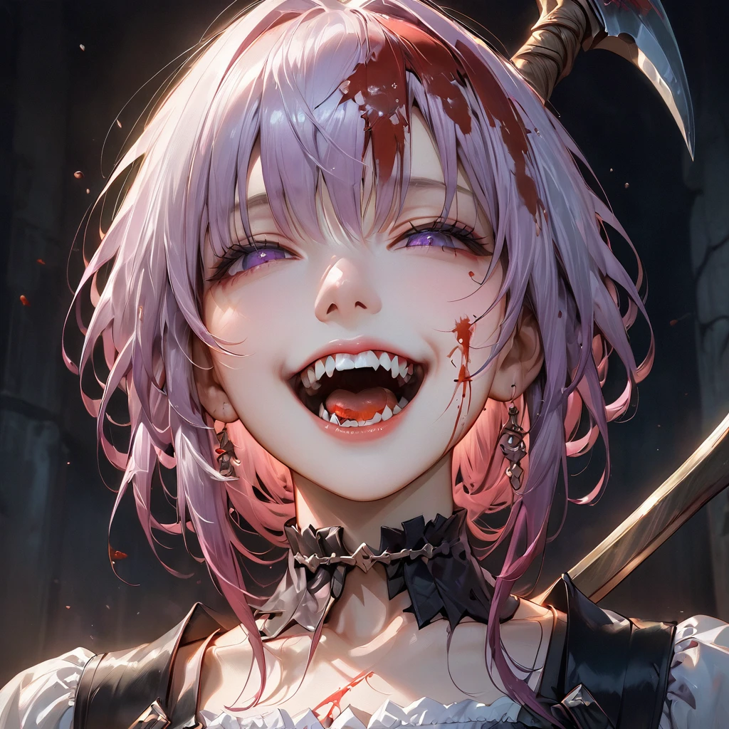 (8K, RAW Photos, Highest quality, masterpiece:1.2),(Realistic, photo-Realistic),Photo Background,Face-only photo,Draw only the face,Look up,Face shot,Scythe Face,Girl Monster, slave,beautiful, Detailed portrait, Delicate facial features, Sharp Eye, Sharp Fangs, Pale skin, Thick chain, Dark Background, Cinema Lighting, Dramatic Shadows, Gothic style, Gloomy atmosphere, Dark fantasy, One Girl, , Please open your mouth wide, Open your mouth and baring your teeth,Sharp teeth like a beast, Wide lips, very wide mouth, Vermilion cheeks, ,(Blood splatter:1.6),Scary face, Laughter Witch design, Twisted smile、Bloodstained、bleeding from the head,,、Blood splatter、,(Blood splatter:1.6),Crossbones, skull, , Horror Style,