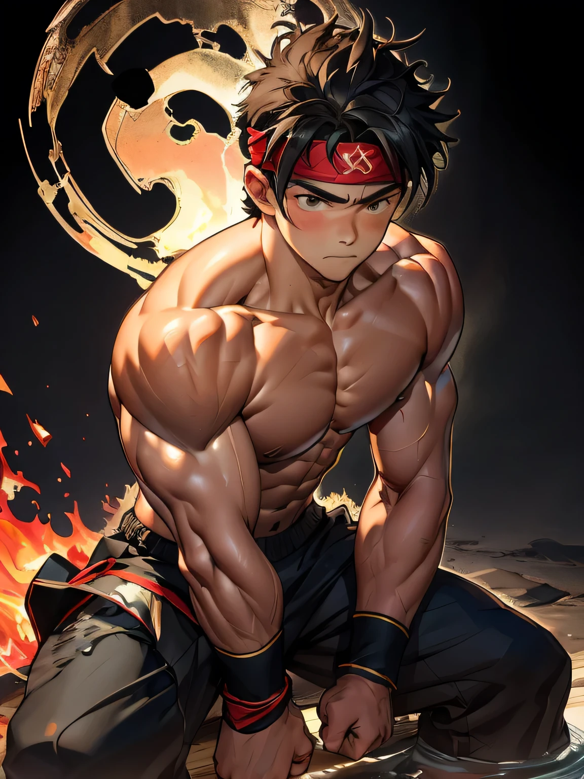 (Masterpiece, Best quality 17 year old boy, black background), solo, Young, boy, muscler, Shirtless, topless, ((((surrounded by swirling holy aura)))), (Dark Short straight hair, ((almost completely shaved hair)), under cut, brown eyes), (red headband, ((black wristband))), Vivid colors, ((hot Abs:1.2, abs!, big abs, big breast:1.2, chest!, muscler upper arms, clenched fist)), muscler!, muscler body, Man with martial arts stance, detailed face, detailed muscle, (((random fighting pose, powerful, action, rippling muscles, green aura around body, concentrate, deep night, male focus)))