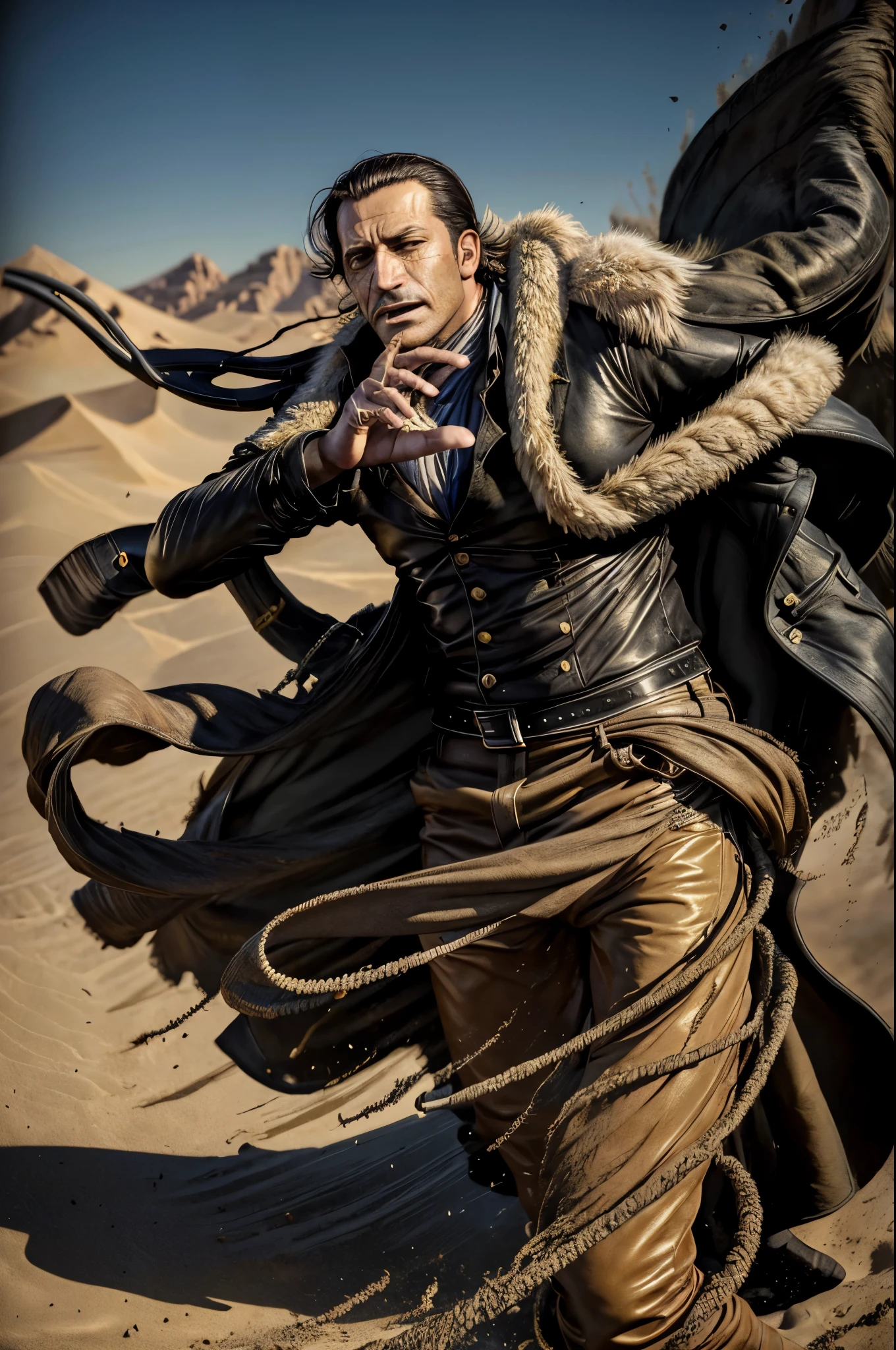 masterpiece, best quality, extremely detailed, hyperrealistic, photorealistic, a cool 40s man, ultra detailed face:1.2, fur-trimmed coat, scarf around the neck, his left hand is a golden pirate hook:1.1, desert, artistic jump, strenuous movements, dynamic angle