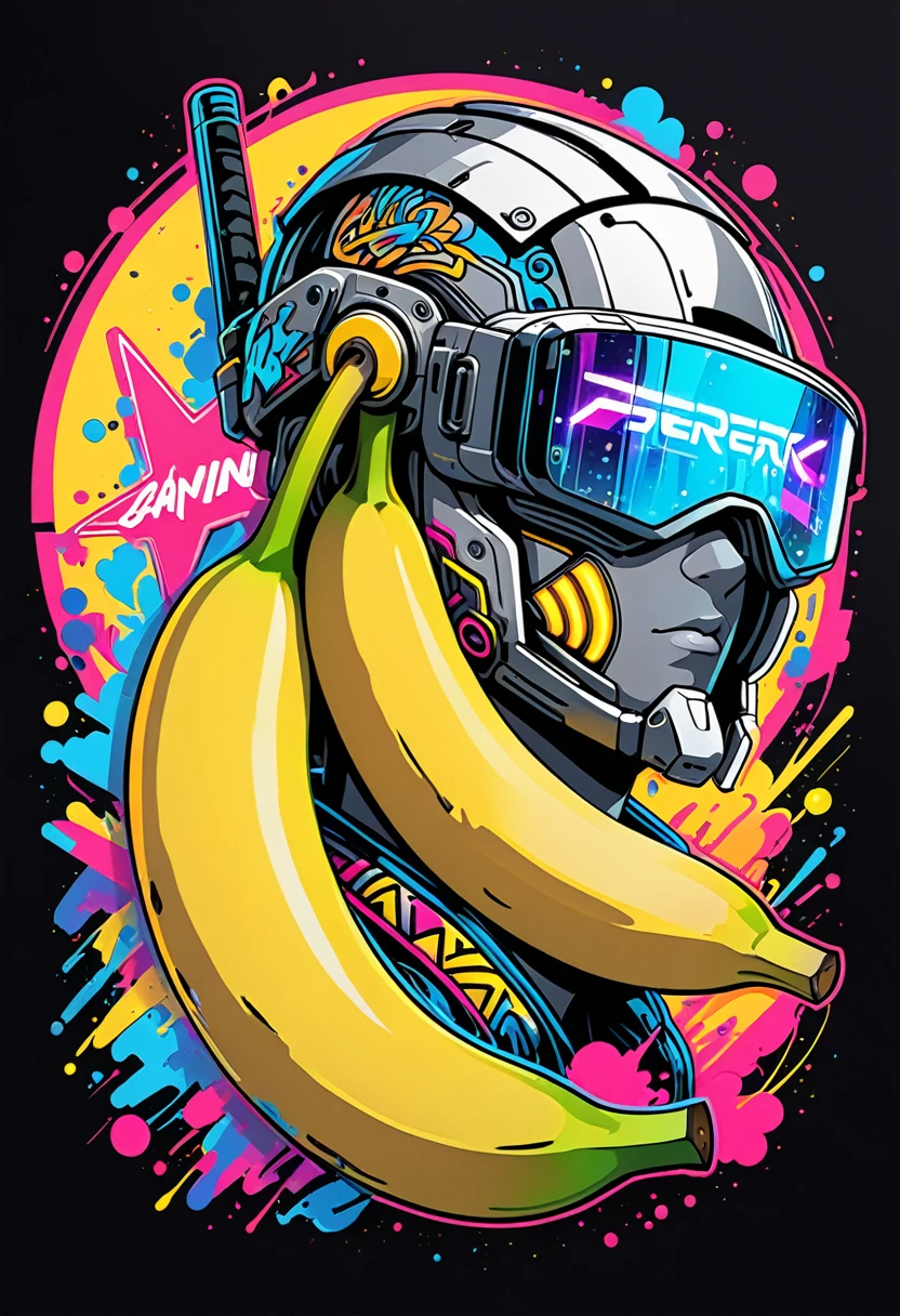 Create a sticker-style illustration of a banana inspired by the video game Cyberpunk 2077. The design should have the following details:
- The banana should have a prominent white outline around its edges.
- The peel of the banana should be deep matte black, symbolizing the dark streets of Night City.
- Blue neon circuit lines should run across the banana’s surface, resembling cybernetic implants, and rendered in a graffiti style.
- Near the tip of the banana, include the "Samurai" logo designed in a graffiti font.
- Scatter stickers of in-game brands like Arasaka and Militech, and gang symbols like "The Moxes" across the peel, all depicted with a street art aesthetic.
- Integrate modernized tribal tattoo motifs and hacking icons in vibrant red and green neon, rendered with a graffiti effect.
- Include sections with light effects mimicking the neon lights of Night City, with a pulsating spray-paint effect around the circuits.
- Near the base, add a small metallic chrome-plated label with the inscription "Cyber Choice" in a graffiti font.
- Ensure the entire design is vibrant, edgy, and high-tech, capturing the futuristic and dystopian ambiance of Cyberpunk 2077.
- All elements must be contained within the banana shape, with nothing extending beyond its edges or surrounding it.
- The image should have no background, or an optional uniform dark gray background.
The overall look should be pixel perfect, hyper HD, ultra modern, and integrated into a cohesive design. The style should combine the rebellious spirit of street art with the sleek, neon-lit aesthetic of the cyberpunk genre, achieving a detailed and immersive visual effect. Resolution 8K, highly detailed, graffiti-inspired, street art aesthetic, cyberpunk vibe, high-resolution, pixel perfect.