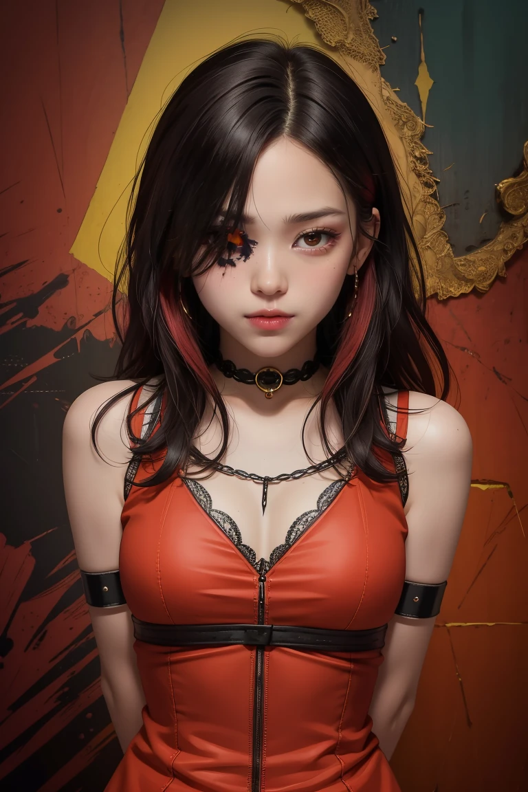 best quality, intricate details, chromatic aberration, 1girl, long hair, black hair, messy hair, red highlights, hair over one eye, red eyes, sharp eyes, choker,, , armbinder, arms behind back, bound arms,  