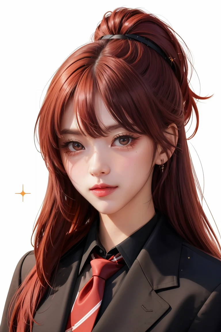 masterpiece, best quality, diluc (genshin impact), 1girl, female focus, red hair, red eyes, long hair, solo, simple background, white background, hair between eyes, bangs, closed mouth, ponytail, sparkle, looking at viewer, antenna hair, cropped shoulders, shirt, jacket, portrait, black shirt, necktie, collared shirt