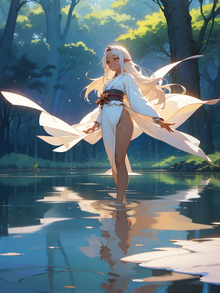 Realistic 3D anime style image of a beautiful girl bathing in a lake, (BROWN SKIN) long white hair ,pointy ears,(( beautiful face))(( body with nice curves)) , ((dressed in a long white kimono with long sleeves made of silk)), dynamic pose,Anime Beautiful Peace Scene, Beautiful anime scene, magic background, anime art background, animated background, very magical and dreamy, magical environment, art backgroundwork, magic forest background, Beautiful anime scenery, art background, magical and sparkling lake, ethereal realm, magic fairy background, lost in a dream fairy landscape.