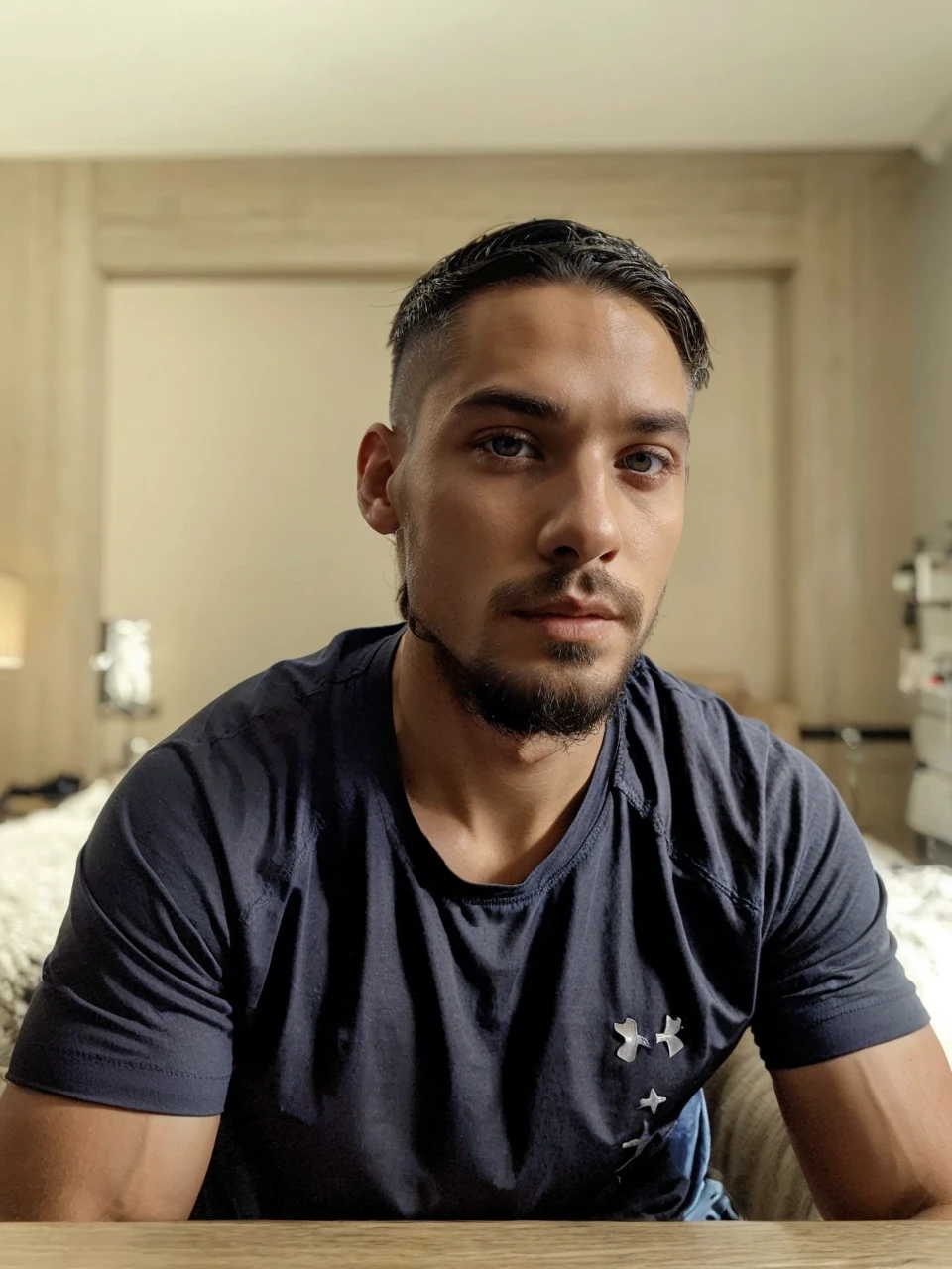 European men., Teen Wolf, 25 years old, short messy white hair, slim muscular build, black eyes, open black shirt, dark blue jeans, black belt, light brown combat boots, silver moon pendant, black misty forest background
