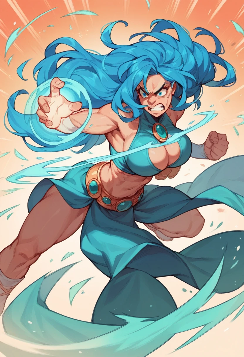 Girl, big boob , blue hair, long hair,straight hair,aqua magic girl, fight,simple backgorund