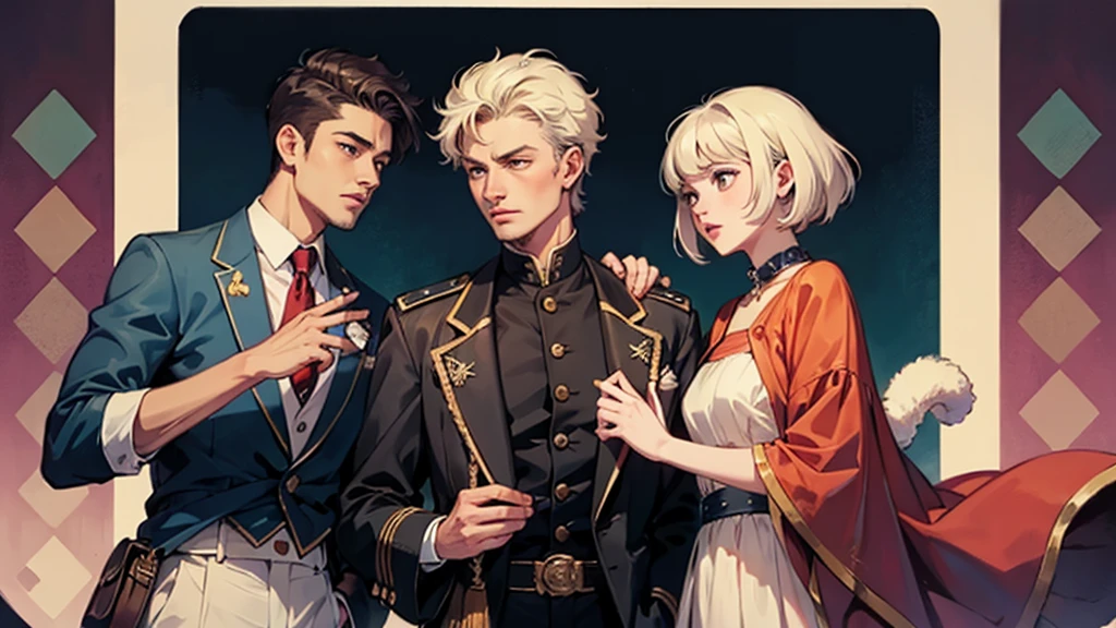 (Masterpiece: 1.4, highest quality), two young men facing each other in a church, and
2 young men, very cute and cool, with best image quality, (19s Cool young man in black military uniform with very short blonde hair and red eyes: 1.2), and 2 young men, very cute and cool, with best image quality, (s cute young man and white military uniform with green hair and big eyes: 1.2), dynamic pose, blush