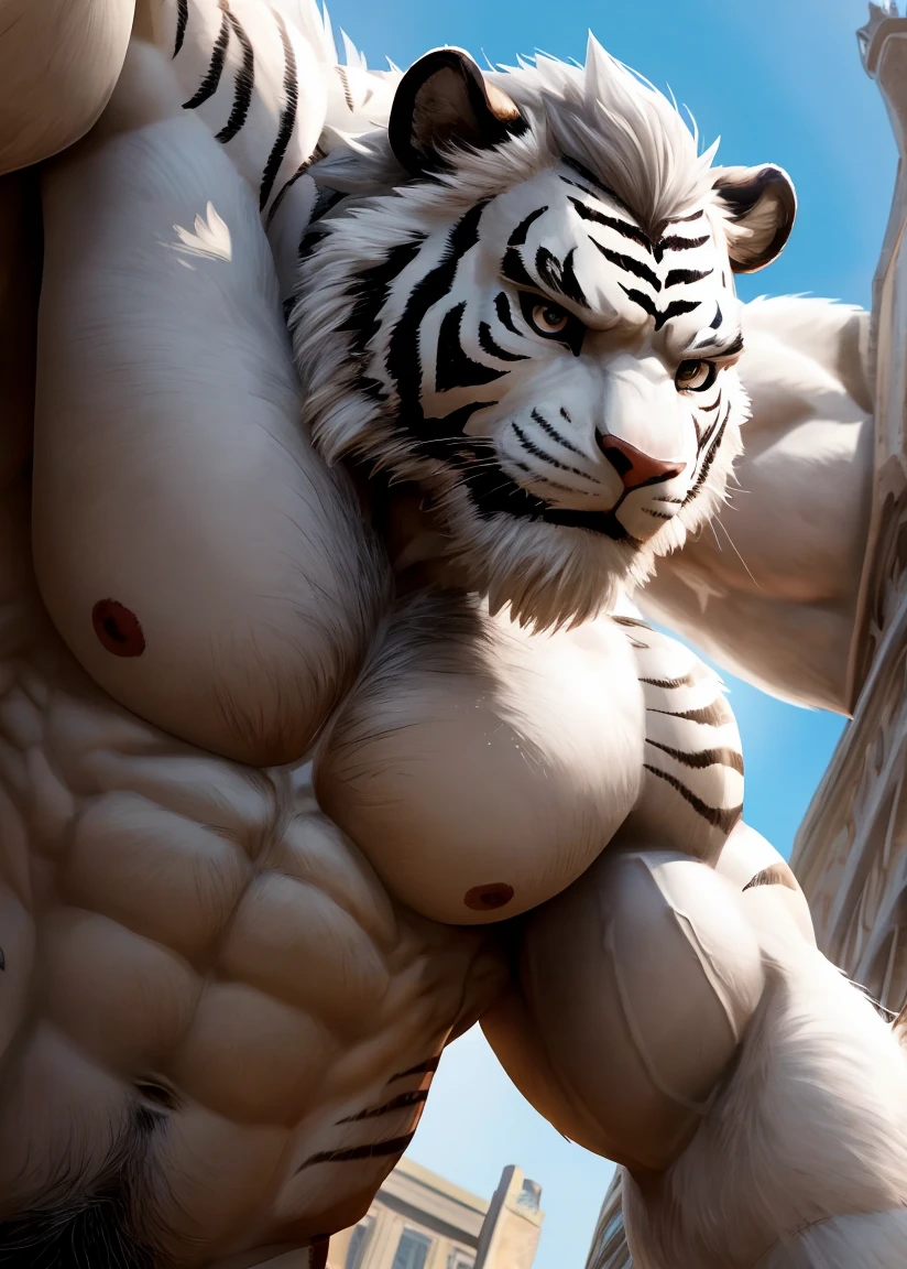 human nature((dramatic))epic, Dynamic poses, Dynamic Angle, A scene, Extreme perspective and strong composition, ridiculous, (Very detailed), Clear focus, Genji, Eye, black Eye, hairy, White fur, Black and White fur, Gray hair,White beard, human nature (White Tiger), male, middle aged, White body, White belly, muscular, Very detailed face, (delicate Eye), 1 boy,,Wearing white T-shirt,Wear white socks(Sunglasses on head:1.4),(Black shirt open:1.3),(1.2)Motion Blur, (best quality), (masterpiece), High Detail, high quality, The award-winning, high resolution, HD, 16K, Yes, (close up:1.5)