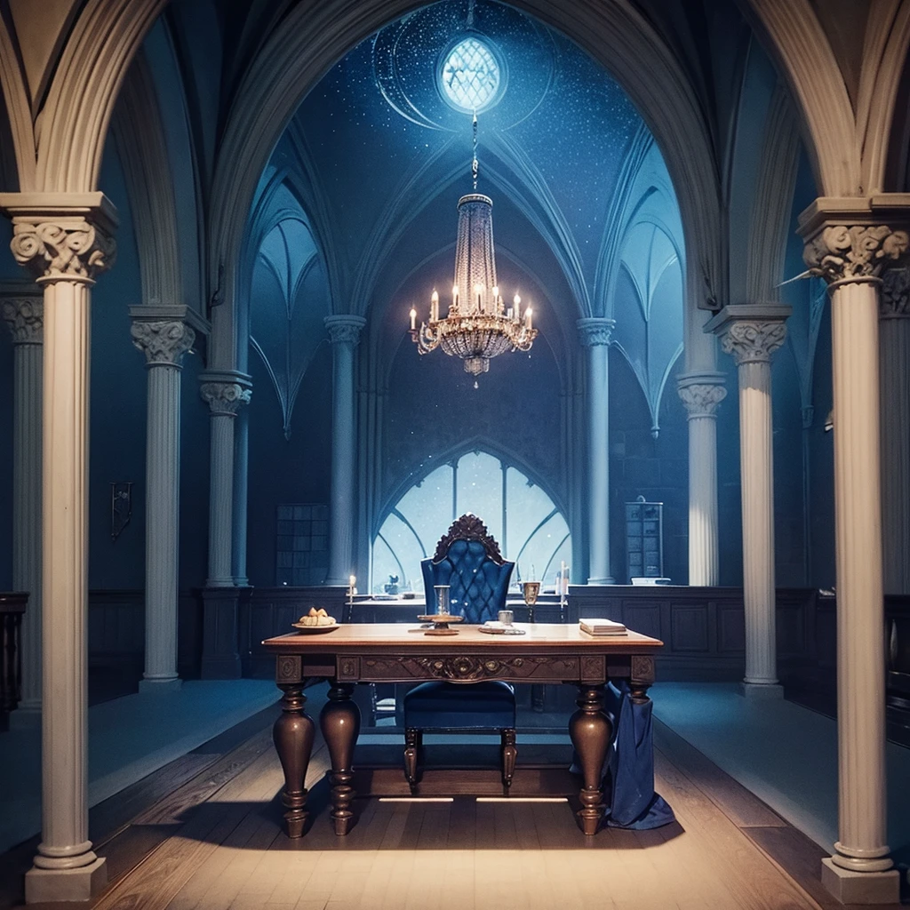 Donjon, Harry Potter, Ravenclaw, lounging, Arched windows, Blue silk hanging on the wall, Domed ceiling painted with stars, Dark blue carpet with stars, The table, a chair, Bookshelf on the floor