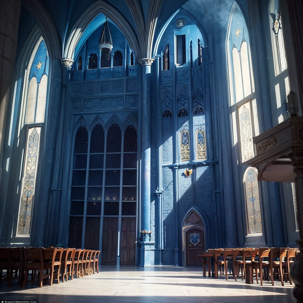 Donjon, Harry Potter, Ravenclaw, lounging, Arched windows, Blue silk hanging on the wall, Domed ceiling painted with stars, Dark blue carpet with stars, The table, a chair, Bookshelf on the floor