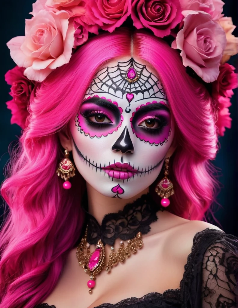 very attractive 25 year old female with long bright pink hair, Close Up Face Image of beautiful women as a LaCatrina, Highly Detailed, bright pink Details, Portrait, Extreme Detailed, Traditional La Catrina