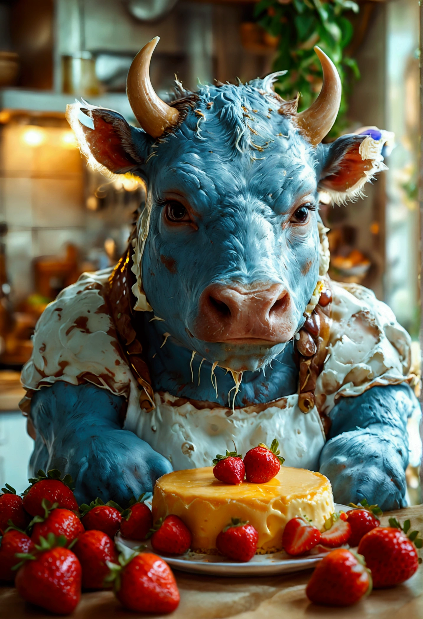 a picture of an   a gentle and motherly face, exuding warmth and a caring demeanor. female minotaur eating cheese cake, there is a a female (minotaur: 1.2) dynamic colors, busty  wearing an apron, wearing skirt, sitting in a modern kitchen eating (cheese cake: 1.3) with strawberries and cream, modern kitchen background, ultra best realistic, best details, best quality, 16k, [ultra detailed], masterpiece, best quality, (extremely detailed), ultra wide shot, photorealism, depth of field, hyper realistic