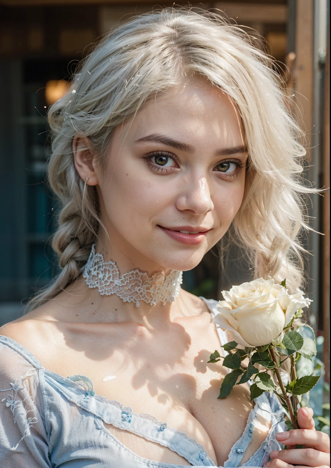 White hair, beautiful teeth smile, She held a white rose in her hand