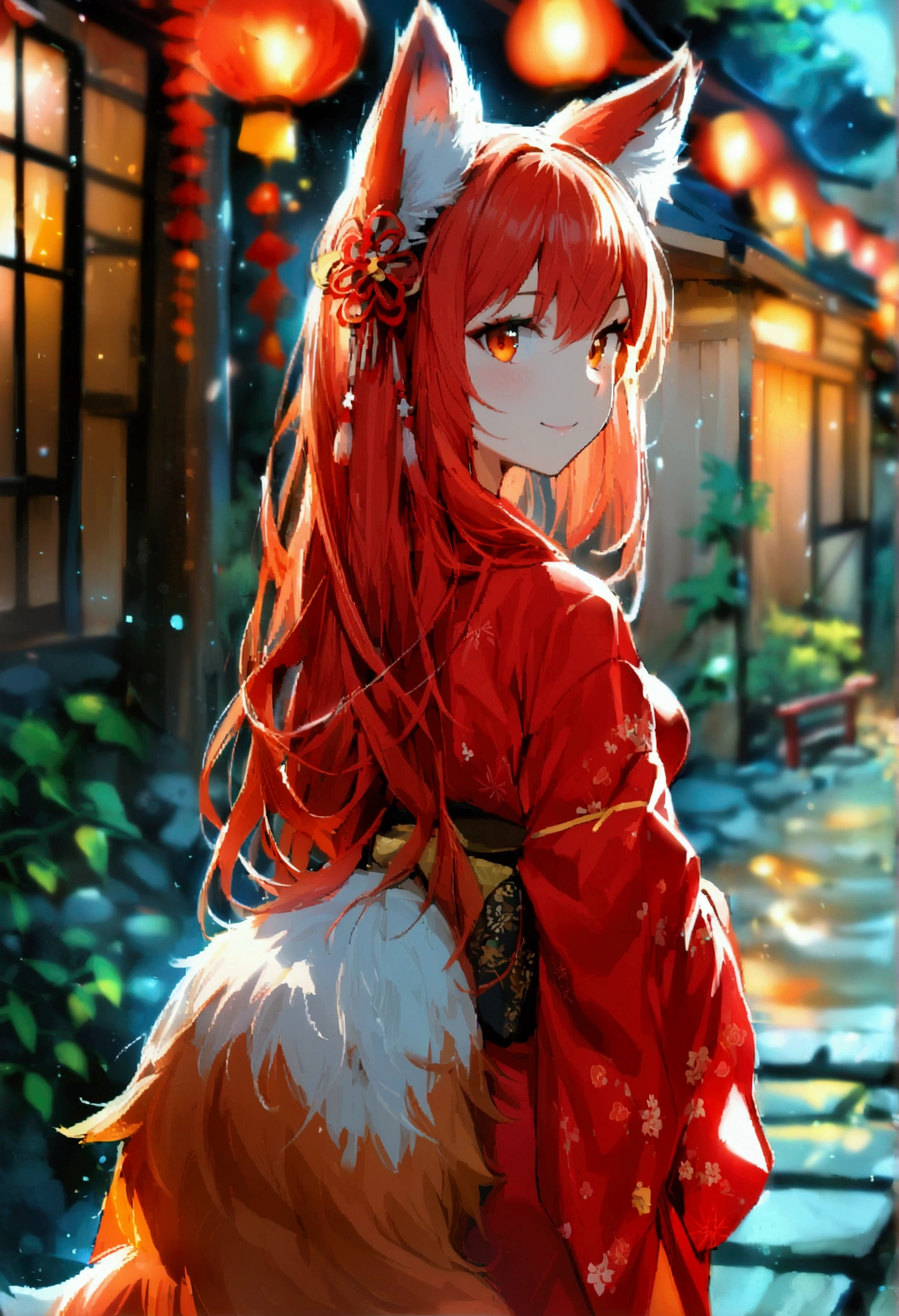 1girl with long ((!red hair))), amber eyes, fox ears, slender body, ,fox tail, outdoors, Japanese house, night, smile, walking to camera, POV, red kimono