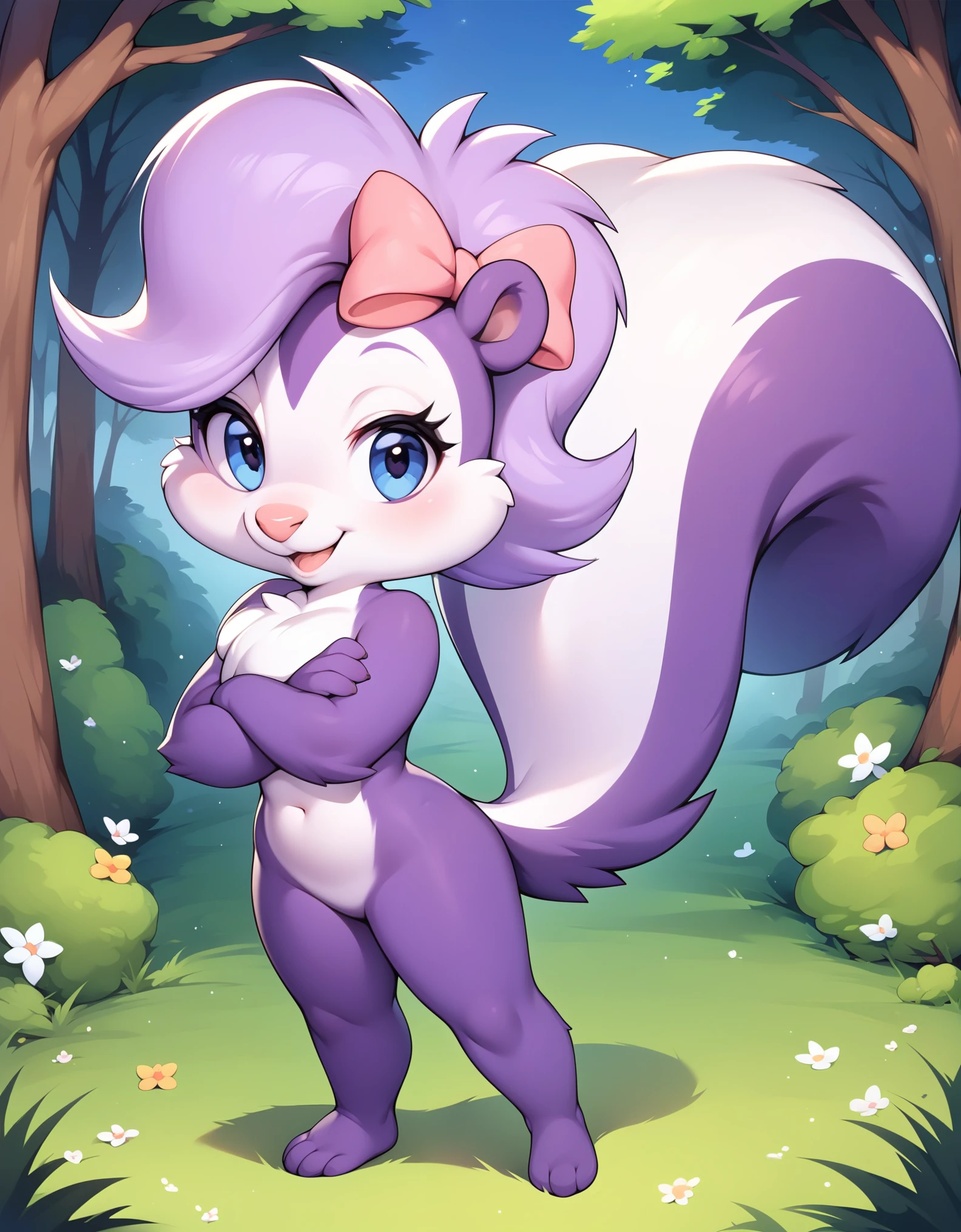 score_9, score_8_up, score_7_up, score_6_up, source_furry, score_safe, fifi, skunk, solo, 1girl, female, sfw, furry, purple body, hair bow, tail, cute, short, beautiful eyes, cartoony, flat color, simple shading, full-length portrait, studio ghibli background, blurred backgroun,