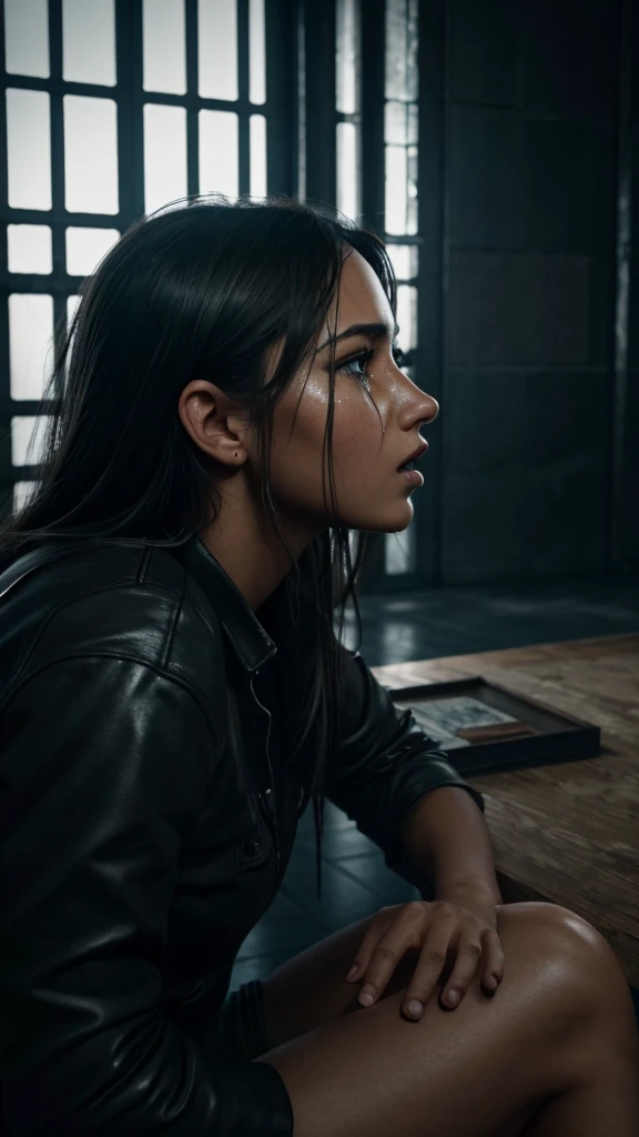 (best quality, highres, realistic:1.37), detailed eyes and face, beautiful lips, girl sitting in a detention center with iron bars, gloomy atmosphere, melancholy expression, dim lighting, black-and-white photography, cold colors, despair, isolation, crying, cry, desolation. [The character (complete) is surrounded by mist, evoking a mysterious and eerie atmosphere. The lighting is dark and atmospheric, with a red smoke adding a touch of sinister ambiance. Best quality image, with a resolution of 4k and HDR enhancement, showcasing the utmost level of detail and realism, full body shot:1.5]. [8K, Best Quality, Ultra High Resolution, (highly detailed CG unity 8k wallpaper), (best photo), (best shadows), isometric 3D, octane rendering, ray tracing, highly detailed, (Best quality, 4K, 8k:1.2), absurdity, ultra detailed, (realistic, photorealistic, photorealistic:1.37), complex parts, HDR, (complex parts:1.12), (hyper detailed, hyper realistic, Soft lighting, spicy:1.2), (complex parts, Hyper detailed:1.15). Blurred foreground. (backlit), masterpiece, high quality, brightness, chromatic aberration, 8k uhd, foggy smoke, shadows, contrast, clear sky, (warm hue, warm tone), high details, natural reflections].