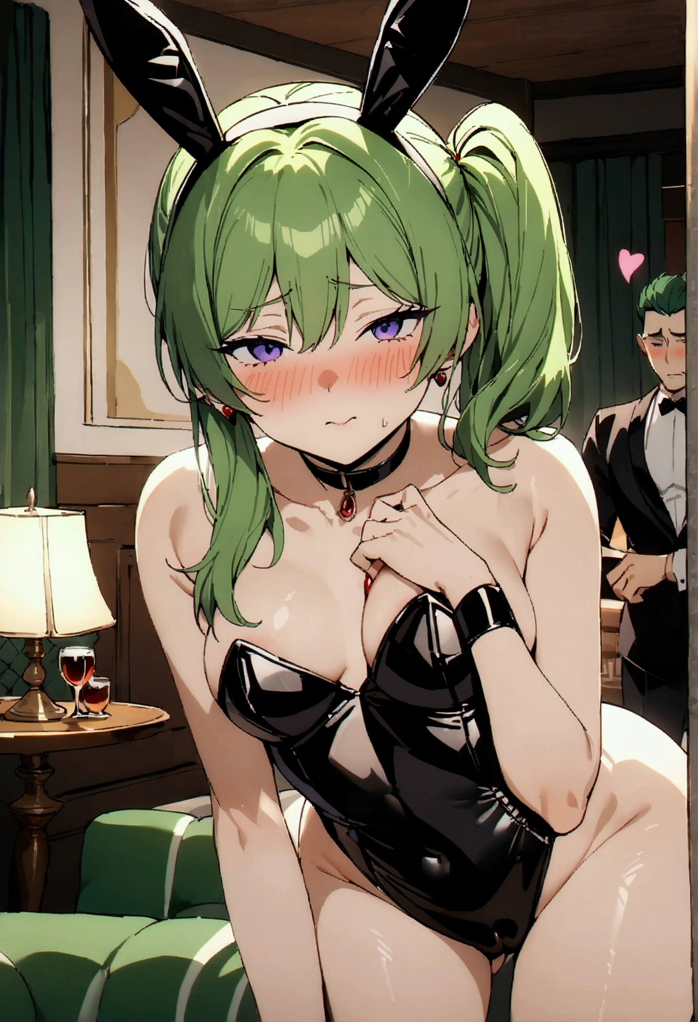 NSFW,masterpiece,Highest quality,High resolution,Super detailed,Uber\(Funeral of Frieren\),Green Hair、bangs、Hair between the eyes、Side Ponytail、Purple Eyes、choker、Playboy Bunny,clavicle,Embarrassed,blush,Luxurious Room,pub,Private room,sofa,heart,Sexy pose,(Noble men),Being spoiled,Lean on,(Obedience)