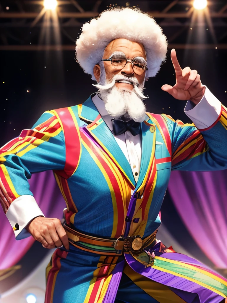 An 80-year-old man with an afro is dancing at a disco, White Beard,