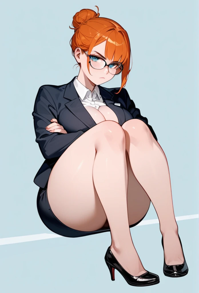 1 girl, masterpiece, best quality, highres, ro1, Misty from pokemon, green eyes, half-closed eyes, spectacles), a come-hither face, smirk , parted lips, nose blush, blush, facing viewer, looking at viewer, solo, business suits, business jacket, black jacket, white y-shirts(buttons), pleats skirt, black leather skirt, black leather thigh high stockings, in the classroom, night time, sitting, sitting on desk, spread legs, black silk panties, come-on, lure, Sexy waist teasing, , from_below , full body, soft breasts, breasts exposed, unbuttoned shirt, belly exposed, nude, naked