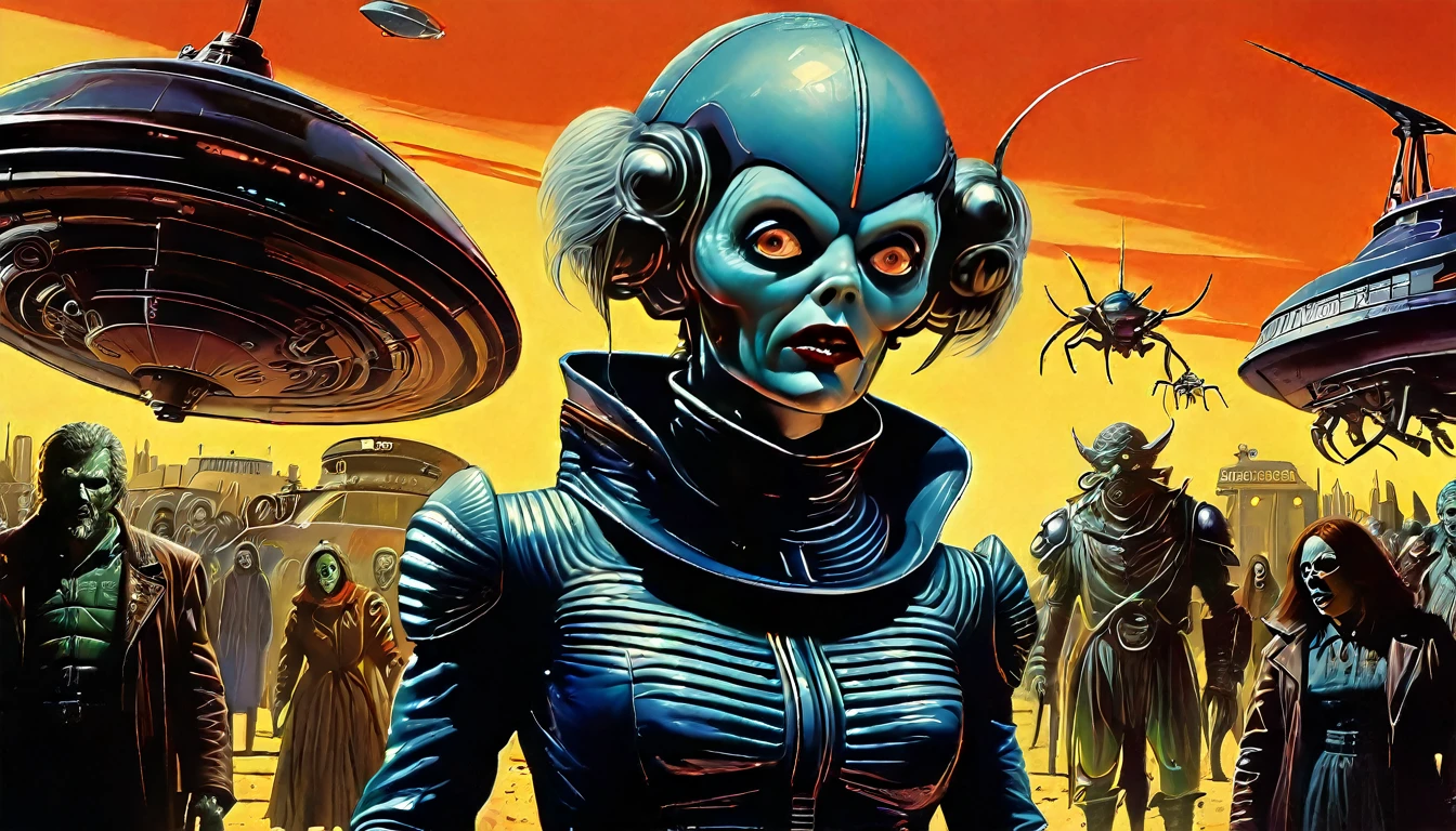 in (medium full shot:3.1) of lot of characters from a movie for slave girls from beyond infinity, inspired by Clyde Caldwell, futuristic apocalypse, stalenhag, metal album cover, gwar, heavy metal band promo, wayne barlowe pierre pellegrini, (with Creepy, Sci-Fi, Fantasy and Horror:2.9) retro sci fi, Horror movie, very detailed body, moody, epic, shot on Kodak Vision3, (intricate details:2.4), (hyperdetailed:3.1), (8k resolution:3.1), high detailed, lot of detailed, high quality, soft (cinematic:3.3) light, dramatic atmosphere, atmospheric pespective, (impactful art:2.8),