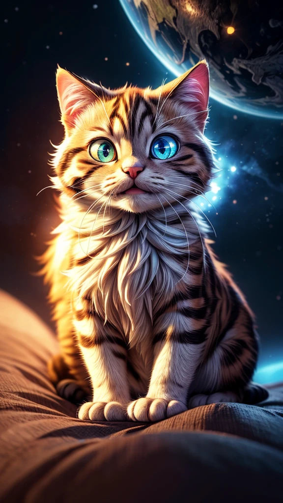 a cat floating in space, beautiful detailed eyes, beautiful detailed fur, extremely detailed cat, highly detailed digital art, cinematic lighting, warm color tones, dramatic lighting, volumetric fog, glowing stars, nebula clouds, mist, ethereal atmosphere, sci-fi, digital painting, (best quality,4k,8k,highres,masterpiece:1.2),ultra-detailed,(realistic,photorealistic,photo-realistic:1.37)