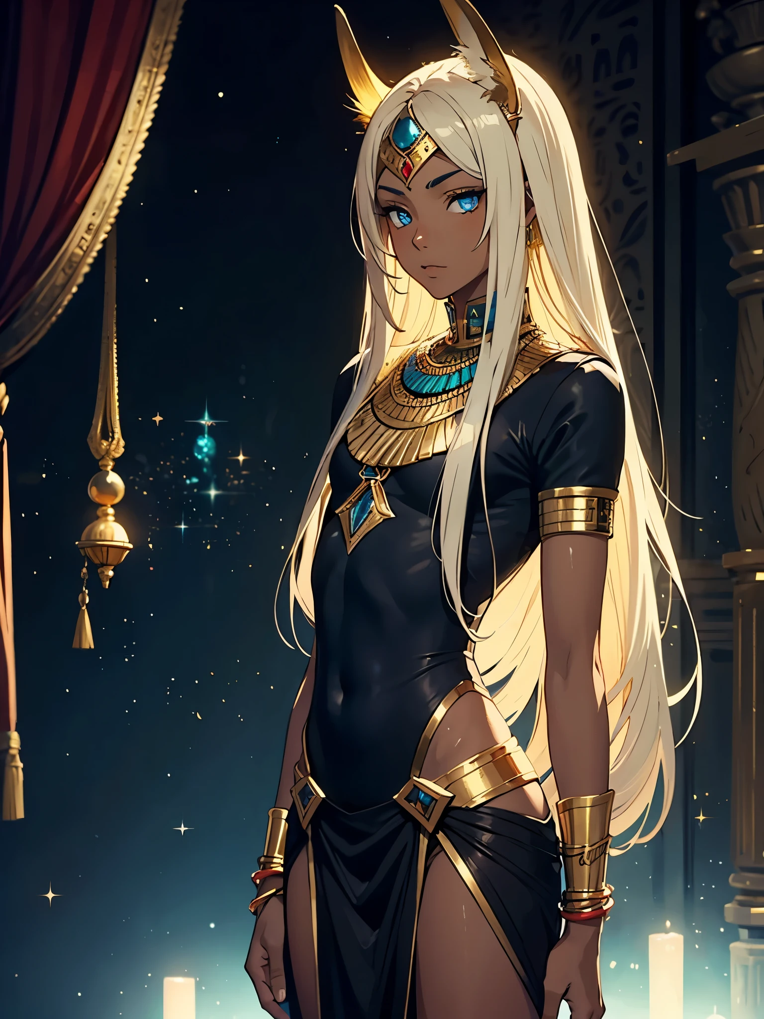 Mehr anime. Teenage boy. Egyptiane Gottheit Anubis. Egyptiane Kleidung. long blond hair. Lots of gold jewelry. dark skin. Egyptian. dazzling blue eyes. mystical. divine.