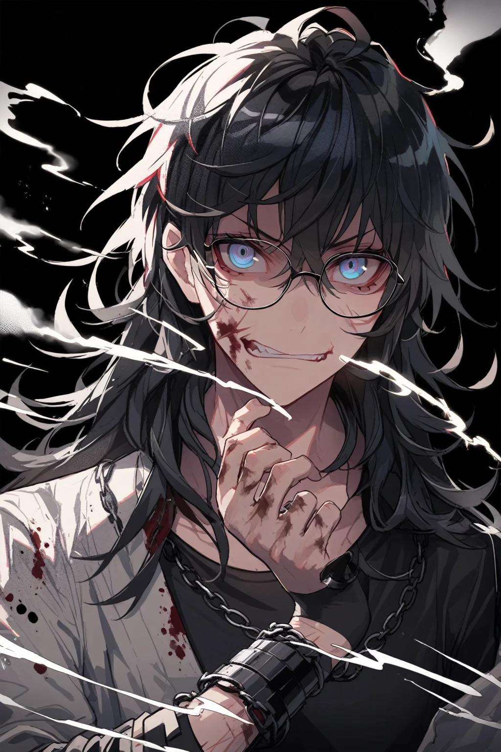 1 guy, blue eyes, black hair, wears glasses, a lot of scars on his face, long hair disheveled, male build, looks at the viewer, upper body, angry face, rage, smoke, dressed in a black T-shirt, chains on his hands, black pants, black background, blood on clothes, blood on cheek, shadowed face, detailed, beautiful, delicate tones