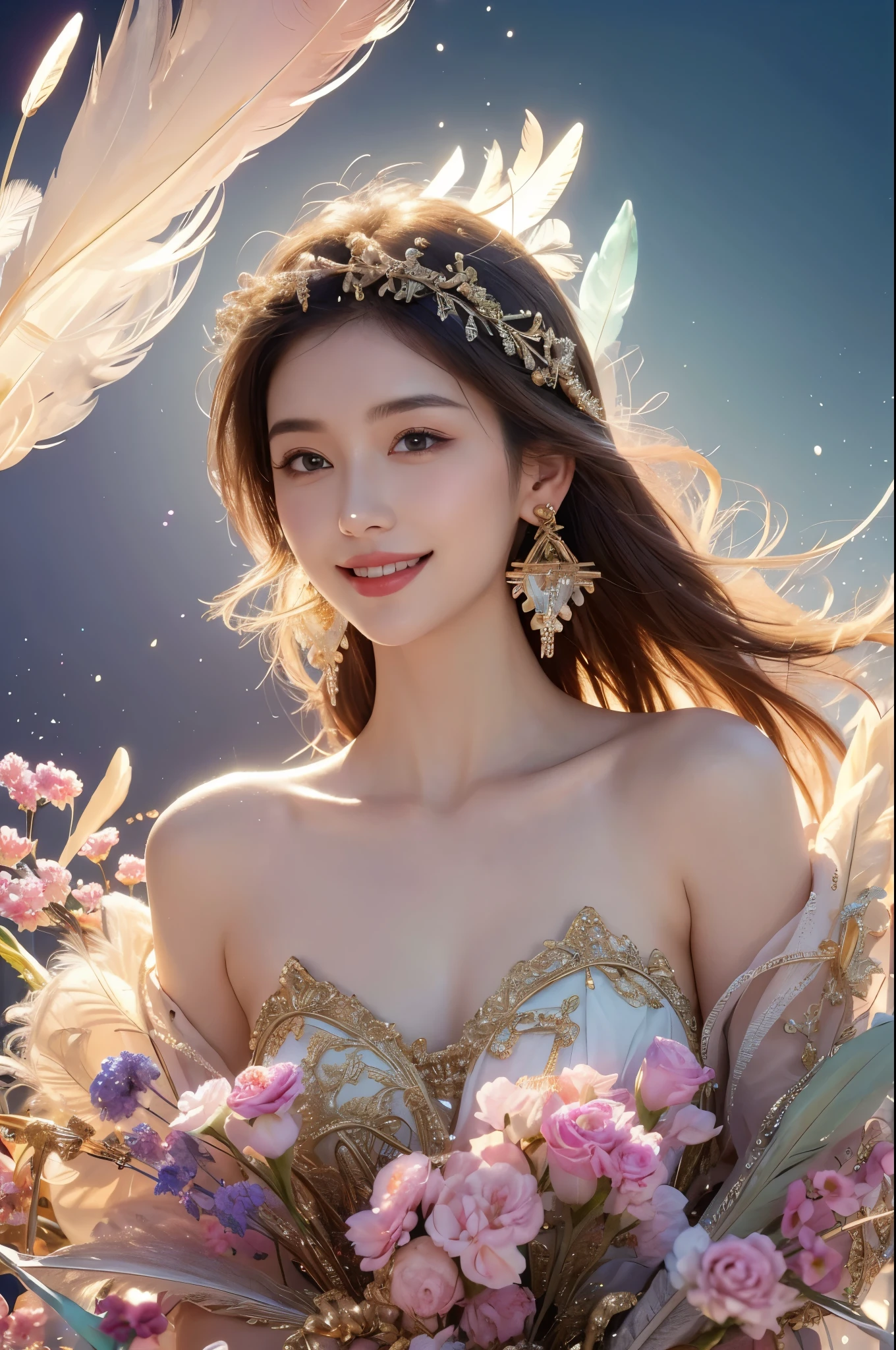 A girl with small breasts, bare shoulders, golden hair, colored feathers, metal ornaments, colored flowers, particles, light rays, (masterpiece, top quality, best quality, official art, beautiful and aesthetic:1.2), (1girl:1.3), extremely detailed,(fractal art:1.1),(colorful:1.1)(flowers:1.3),highest detailed,(zentangle:1.2), (dynamic pose), (abstract background:1.3), (shiny skin), (many colors :1.4), ,(earrings:1.4), (feathers:1.4), smile, laughing 