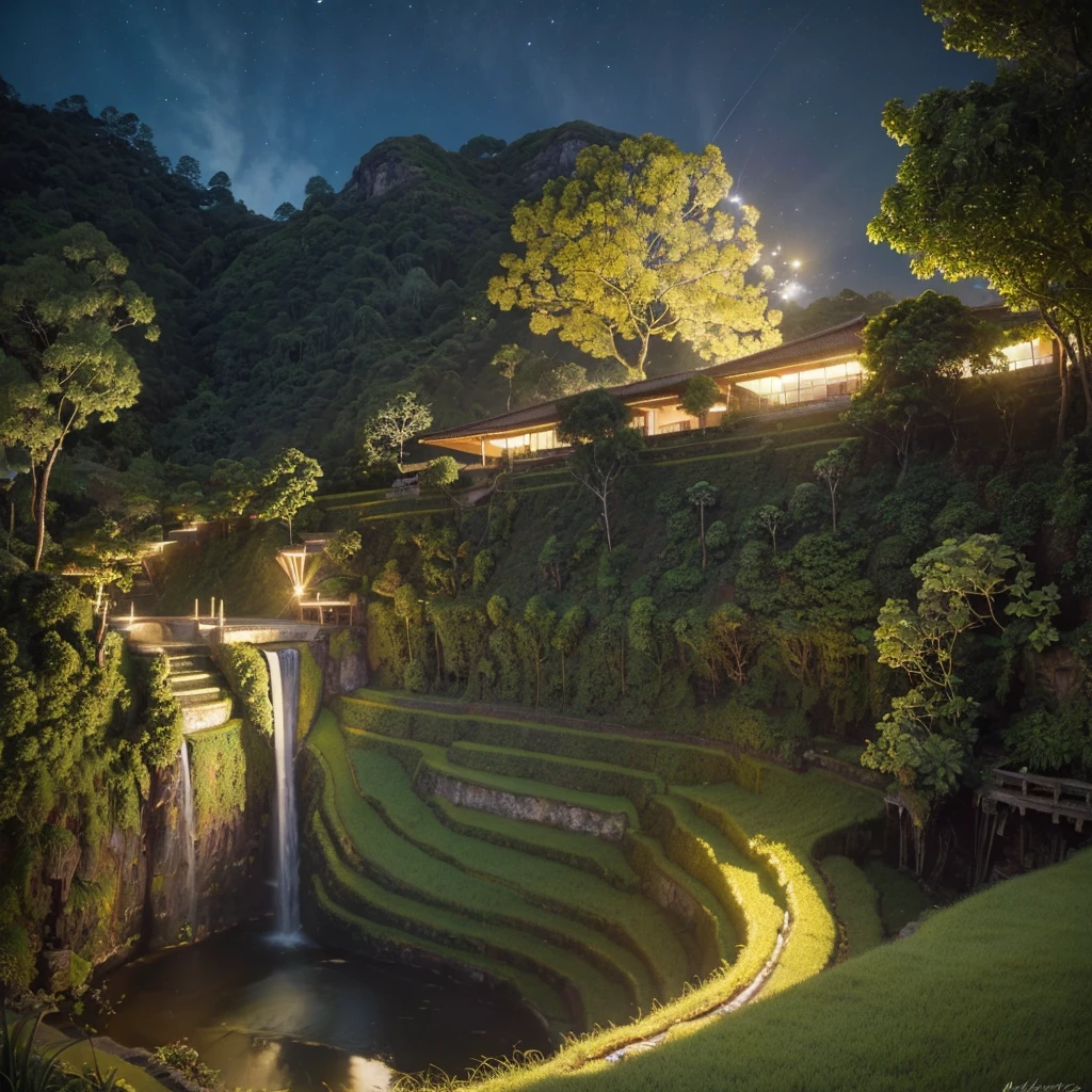 famous artwork by (maurice sapiro:1.4), beautiful painting of the tegalalang rice terraces, bali, intricate patterns and natural curves of lush green fields cascading down the hillsides, at night, moonlight, quaint, picturesque, serene, ultra detailed, 8k, uhd