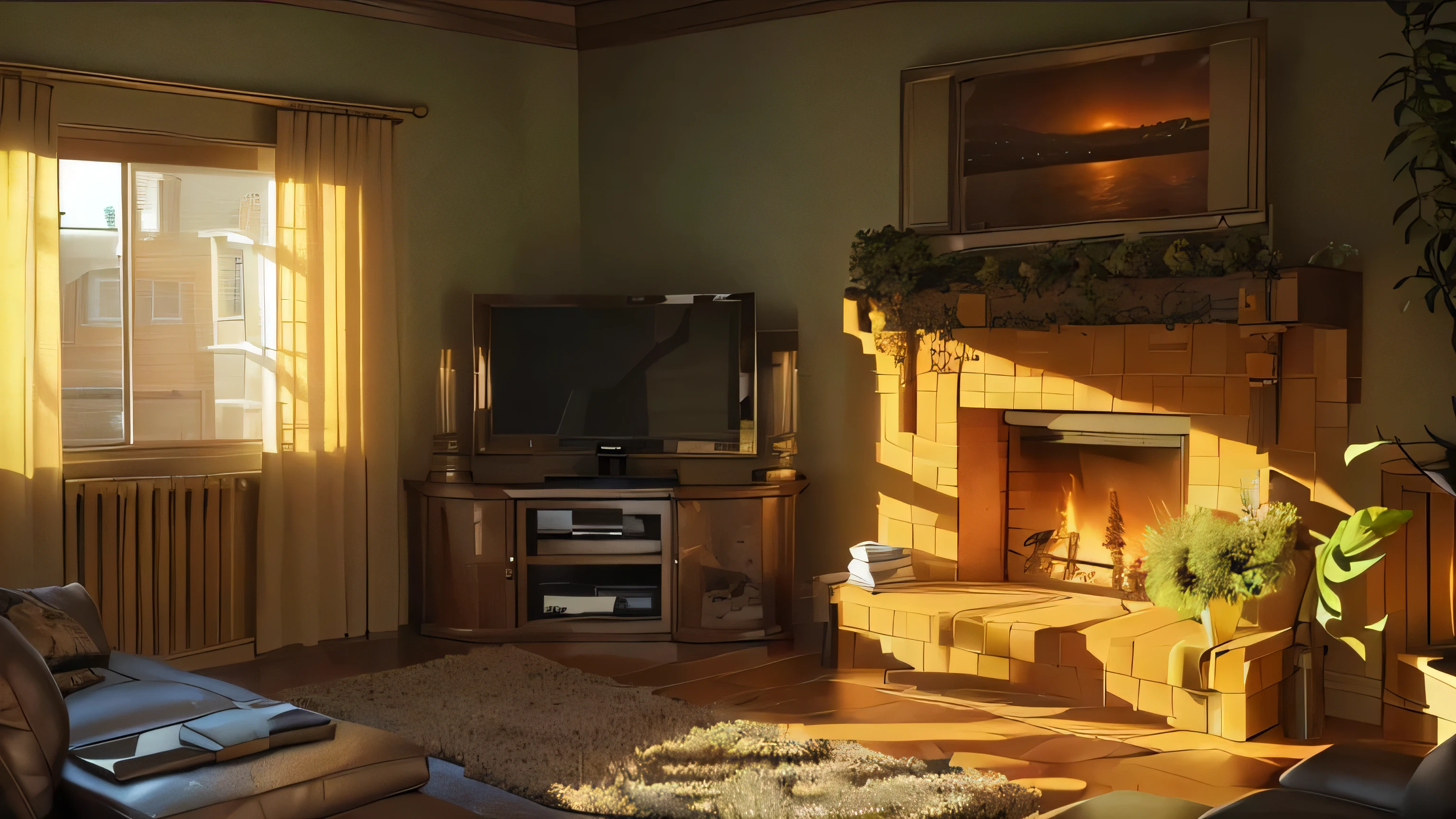 there is a television sitting in a living room with a fireplace, warm living room, cozy wallpaper, cozy home background, warm interior, cozy living room background, realistic afternoon lighting, interior background art, cozy environment, photorealistic room, personal room background, warm cinematic lighting, realistic soft lighting, cozy room, inspired by senior environment artist, rendered lighting
