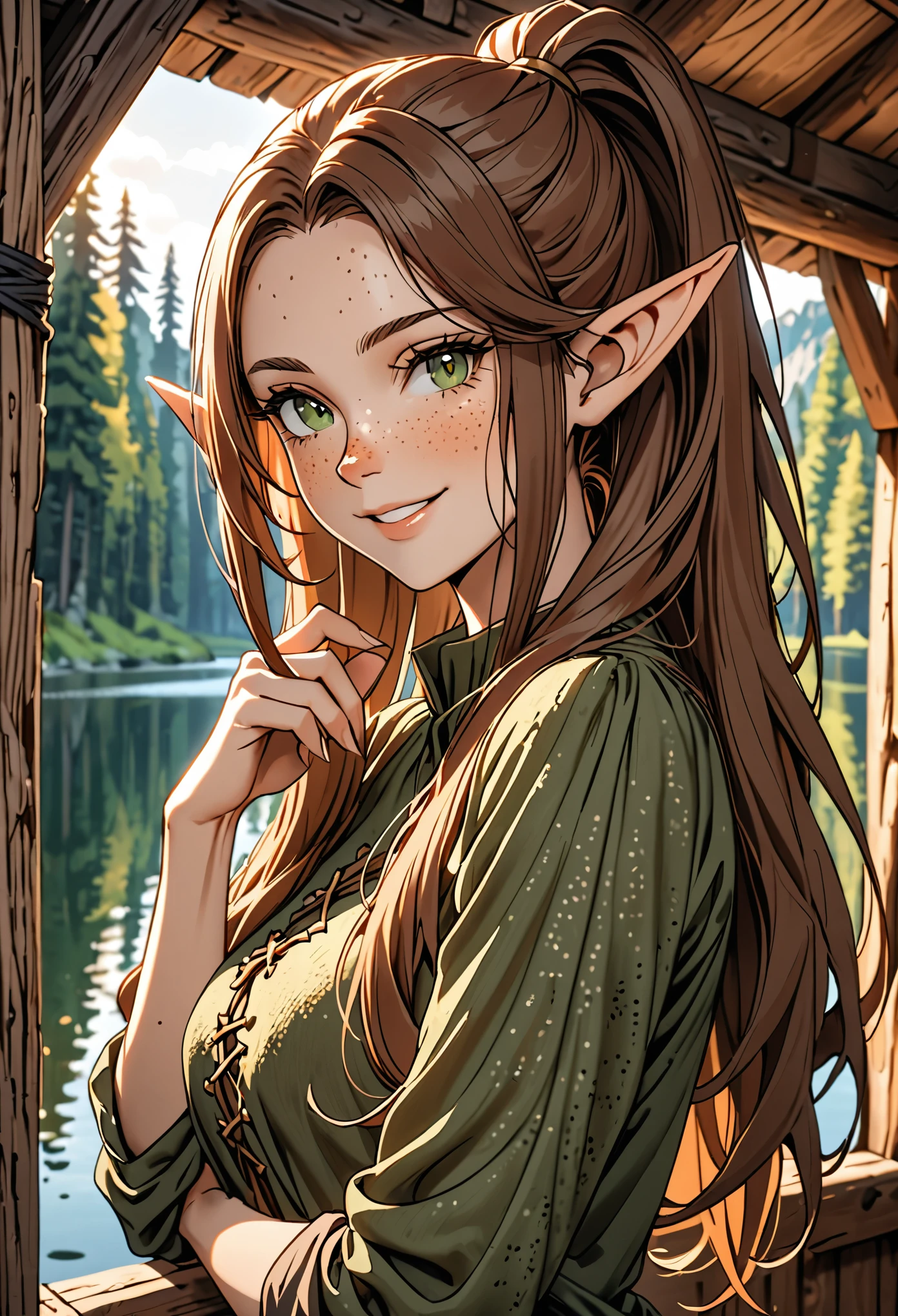 solo, female, elf, huge pointed ears, medium breasts, long hair, brown hair, dark green eyes, freckles:0.3, medieval, come hither, close up, sexy pose, lake, forest, onlyfans, sackcloth shirt, inside cabin, wide smile, verytall, slender, parted lips, ponytail, playing with her hair, extending arms towards the viewer, fit
