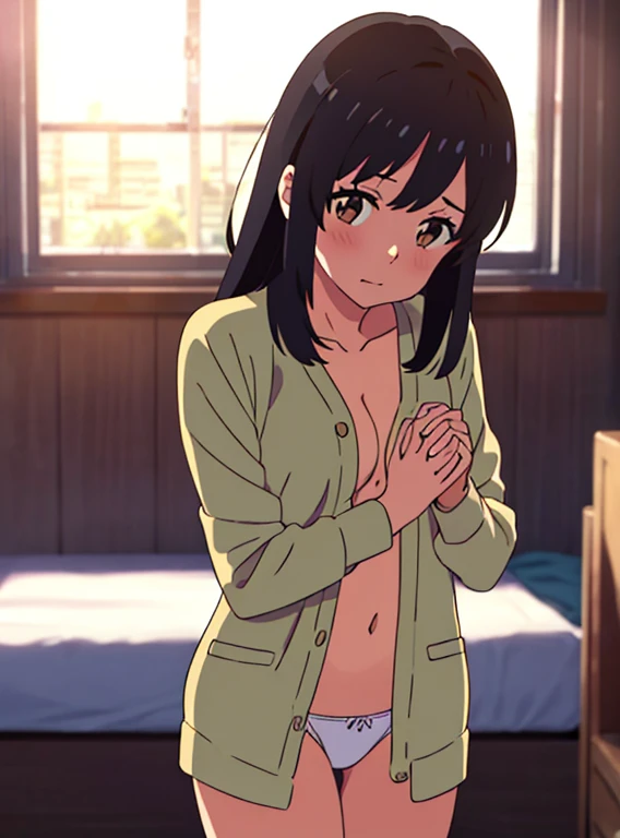 shinkai makoto, kimi no na wa., 1girl, bangs, black hair, brown eyes, twisted half up, red ribbon, long hair, long sleeve light yellow cardigan, medium breast, bottomless, white panties, sexy pose, arms up, looking at the viewer, indoors, night, bedroom,masterpiece, perfect anatomy, cowboyshot, POV (POV boy's hands holding girl's chest POV)