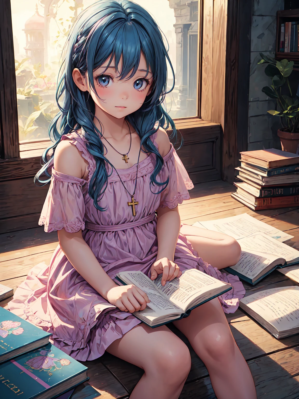 a 7  girl with wavy blue hair, wearing a pink and lilac dress, a necklace with a key, sitting on the floor with a book on her lap, happy, children's book character, detailed portrait, beautiful intricate dress, ethereal lighting, soft pastel colors, natural lighting, peaceful expression, detailed facial features, delicate fingers, book in lap, sitting cross-legged, warm color palette, cinematic lighting, photorealistic, digital art, highly detailed, masterpiece.