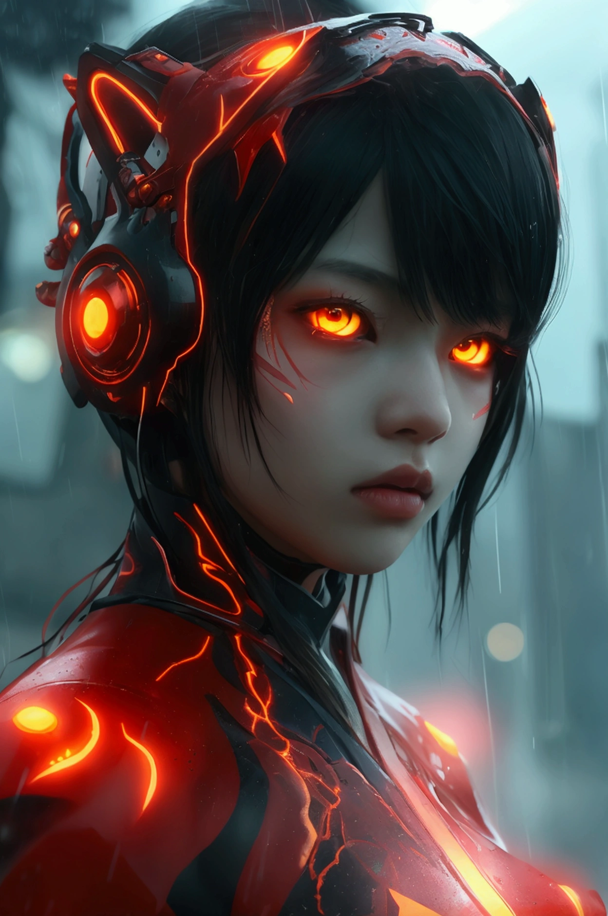 1 Japanese girl, Warframe, Complex patterns, heavy metal, Energy Line, The Faceless, Glowing eyes, elegant, intense, Blood red and black uniforms, Solitary, Modern, City, street, dark clouds, thunderstorm, Heavy rain,, Dramatic Lighting,, (masterpiece:1.2), best quality, high resolution,   Beautiful and detailed, Extremely detailed, Perfect lighting,