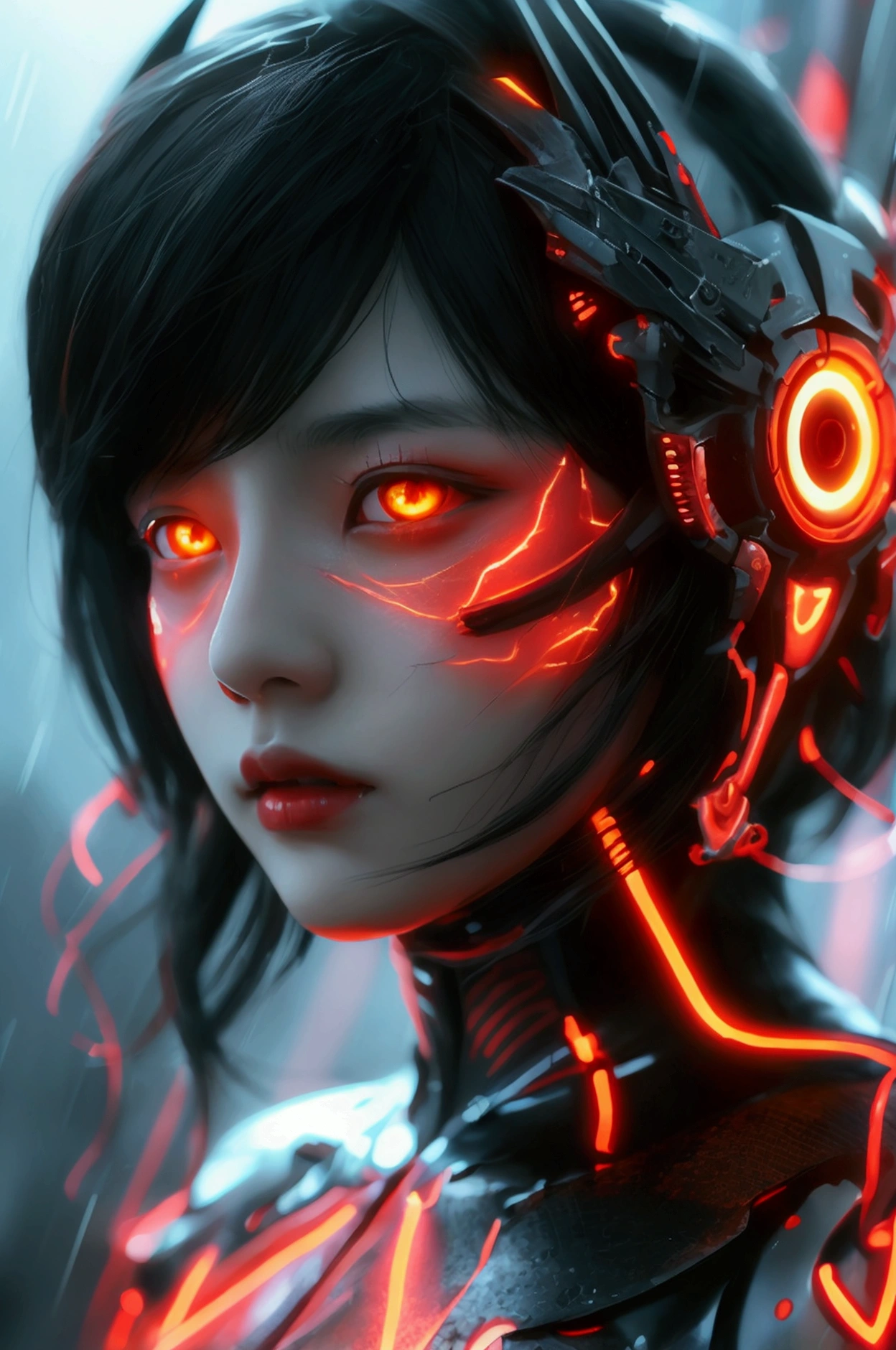 1 Japanese girl, Warframe, Complex patterns, heavy metal, Energy Line, The Faceless, Glowing eyes, elegant, intense, Blood red and black uniforms, Solitary, Modern, City, street, dark clouds, thunderstorm, Heavy rain,, Dramatic Lighting,, (masterpiece:1.2), best quality, high resolution, Beautiful and detailed, Extremely detailed, Perfect lighting,